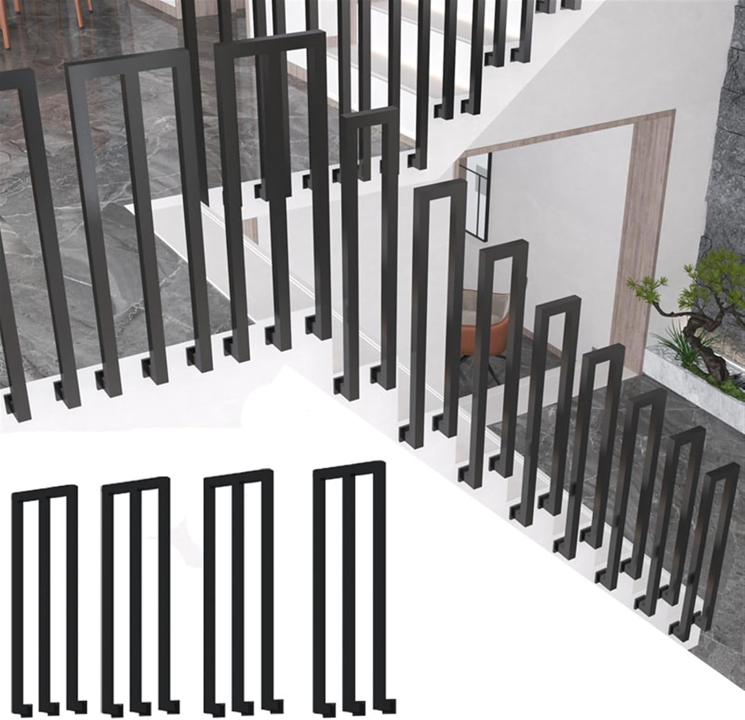 WaiDXn Black Square Wrought Iron Railings, Suitable For Garden Houses, Terraces, Balconies, Indoor/outdoor Stair Handrails(M-shaped 4 Piece,85cm)