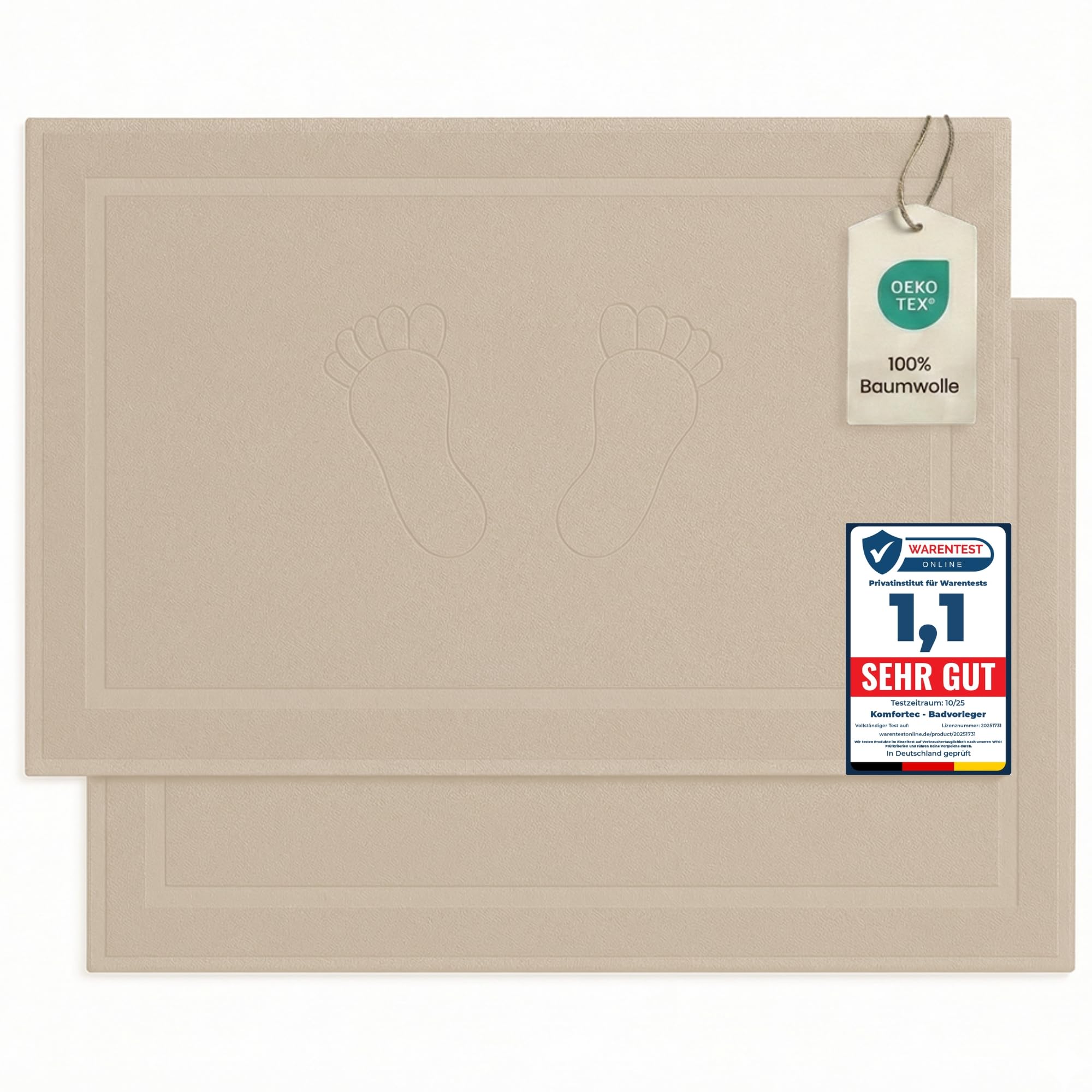 Komfortec 2-częściowy zestaw dywaników łazienkowych, frotte, nadaje się do prania, 800 g/m² i 100% bawełna, chłonne i szybkoschnące, 50 x 80 cm, piaskowe/beżowe