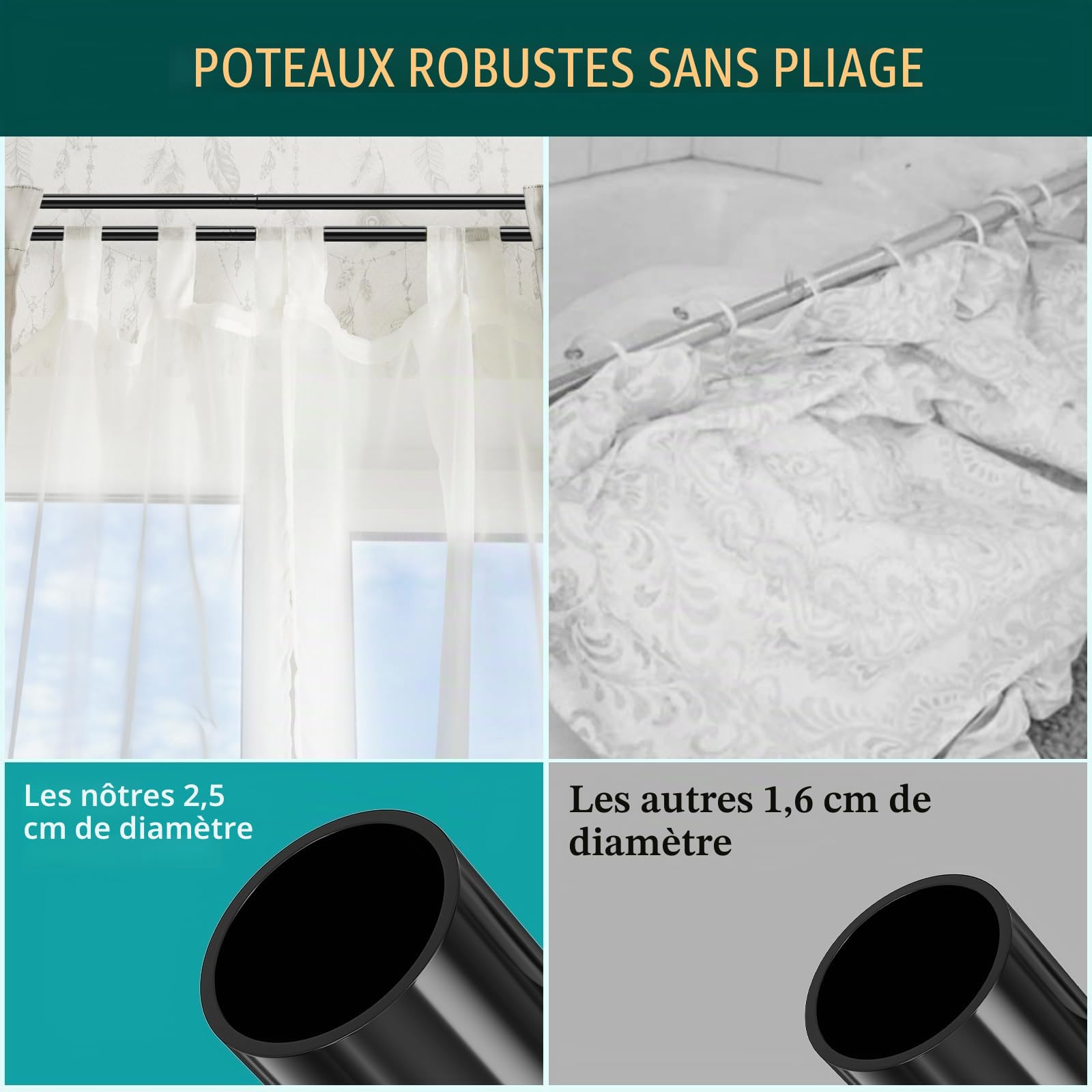 Tringle à rideaux double, tringle à rideaux noire 76-332cm, tringle à rideaux métal extensible, tringle à rideaux occultante pour rideaux à œillets Harrms Tringle à rideaux double, tringle à