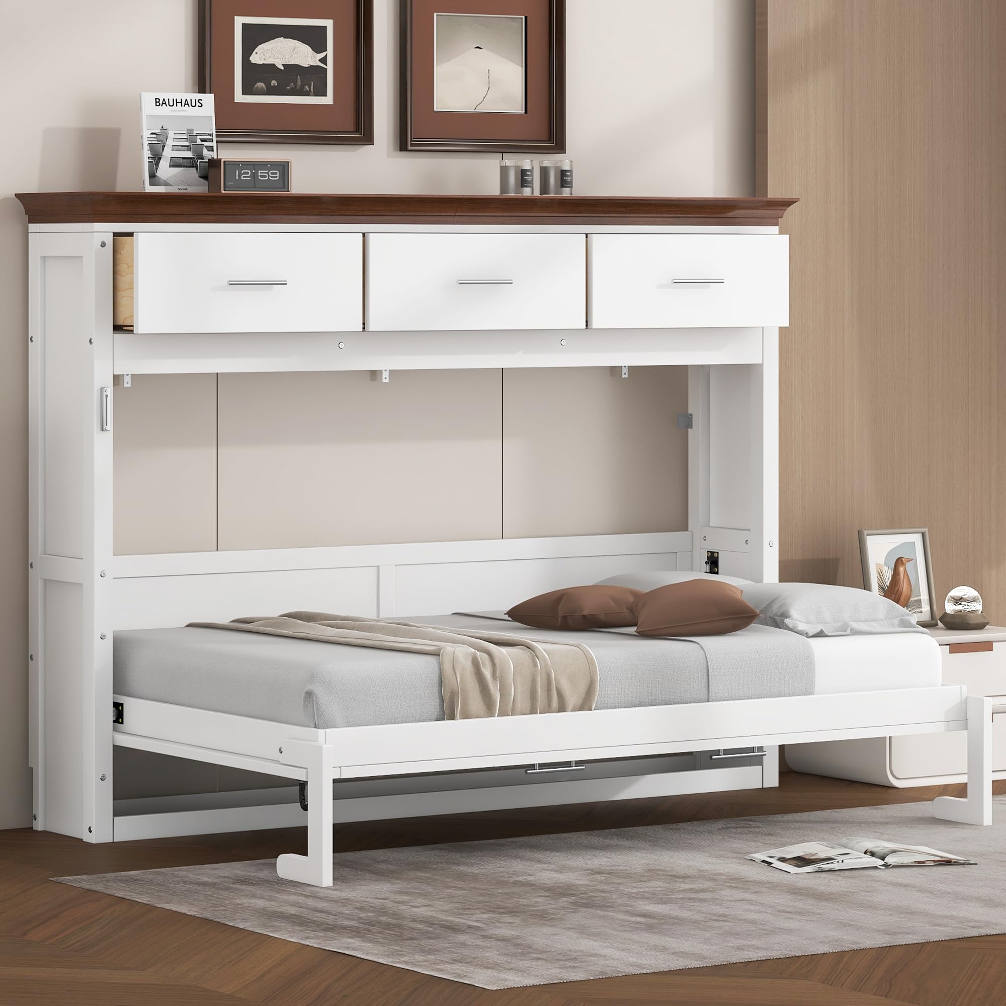 View 1 of **ONLY 1 BOX OUT OF THREE*****STOCK PHOTO REFERENCE ONLY******TRUCK/TRAILER PICKUP ONLY***SOFTSEA Twin Size Horizontal Murphy Bed Cabinet, Twin Hideaway Wall Bed Frame with Storage Drawers, Foldable Murphy Cabinet Bed with Walnut Top for Small Spaces Gues