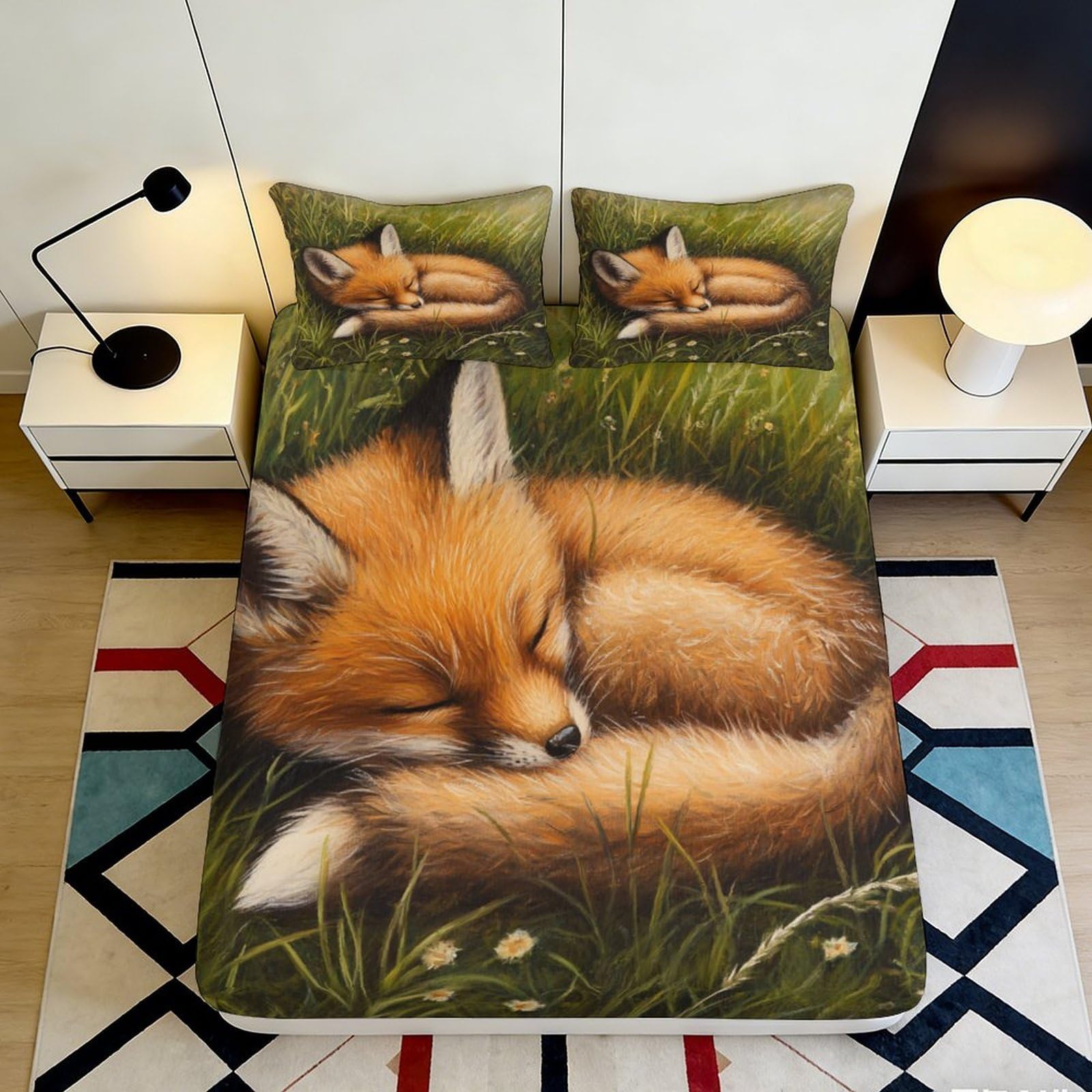 3D Printed Sleeping Fox Fitted Sheet Microfiber Soft Non Slip Animal Grass Bed Cover for Bedroom Dorm Mattress Decor 90x200x25cm