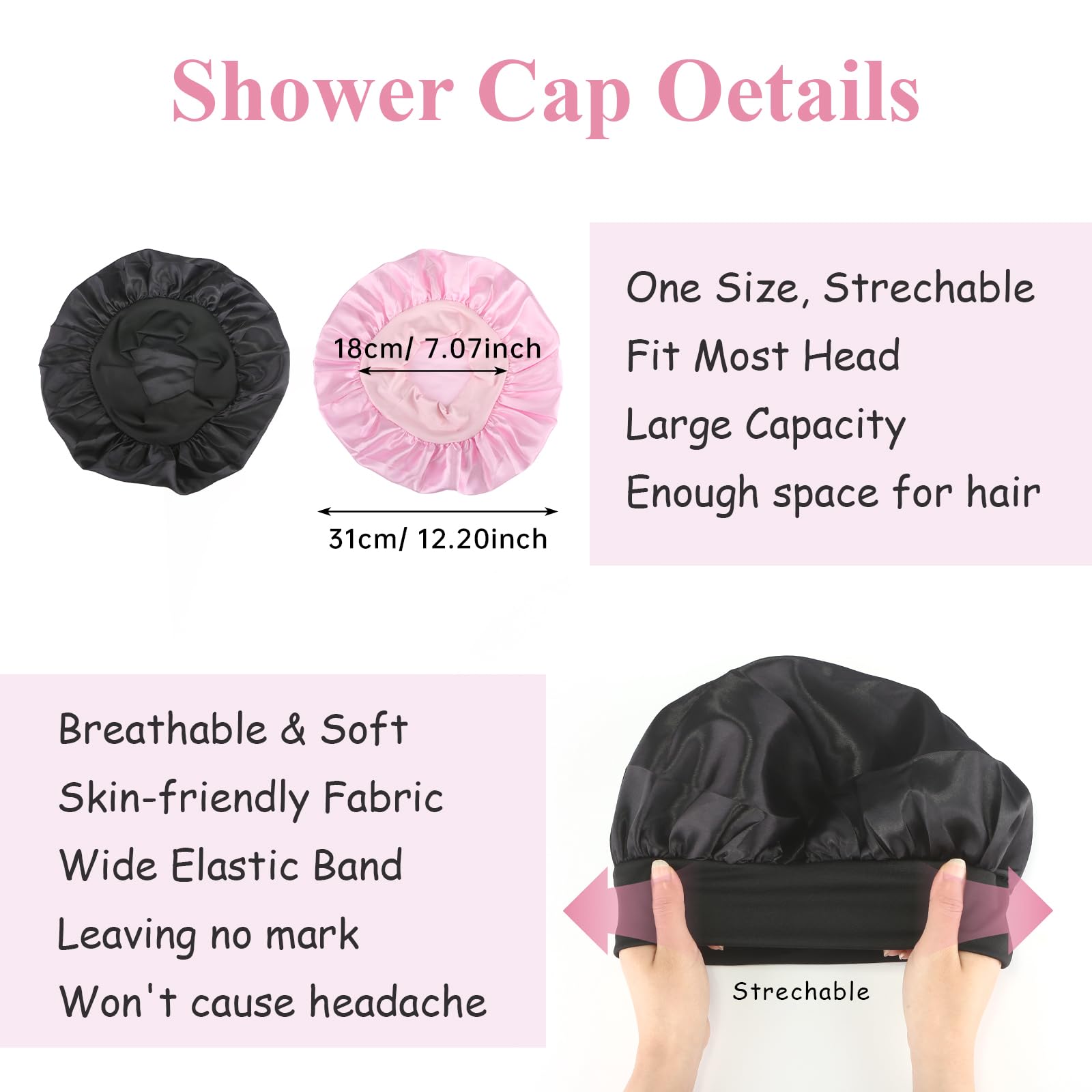 Gorro de Seda para Dormir con Banda Ancha Elástica, Gorro Saten para Dormir, protección para el Cabello,Adecuado para Mujeres, niñas, Negro + Rosa