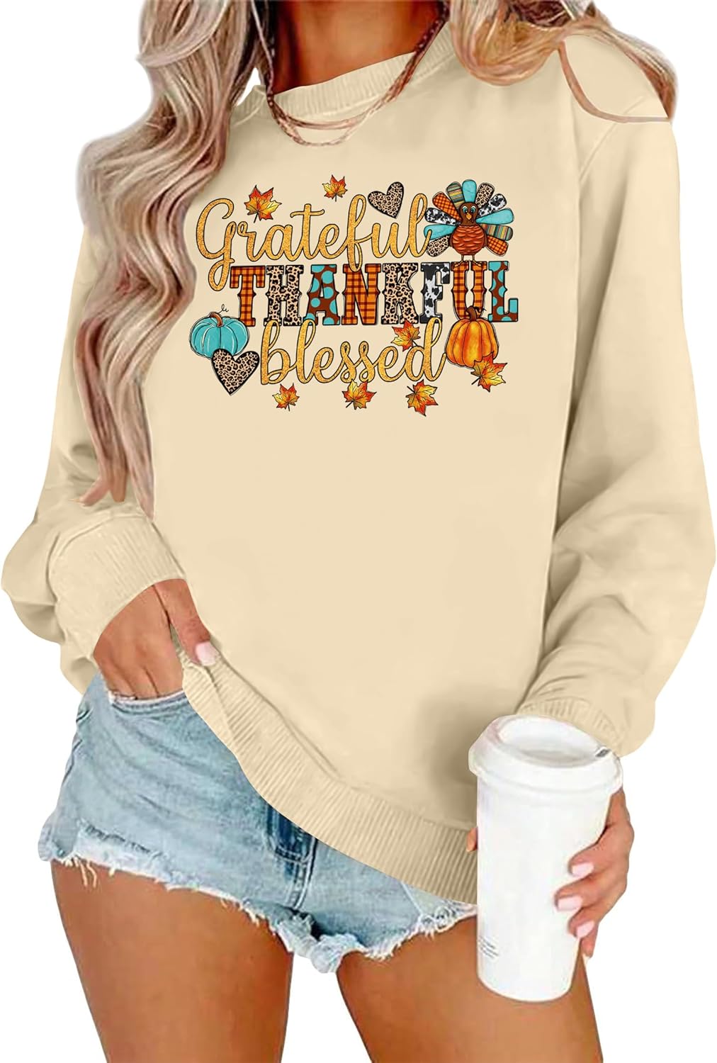 Thanksgiving Sweatshirts for Women Fall Pumpkin Shirt Thankful Grateful Blessed Tops Halloween Pullover Tee