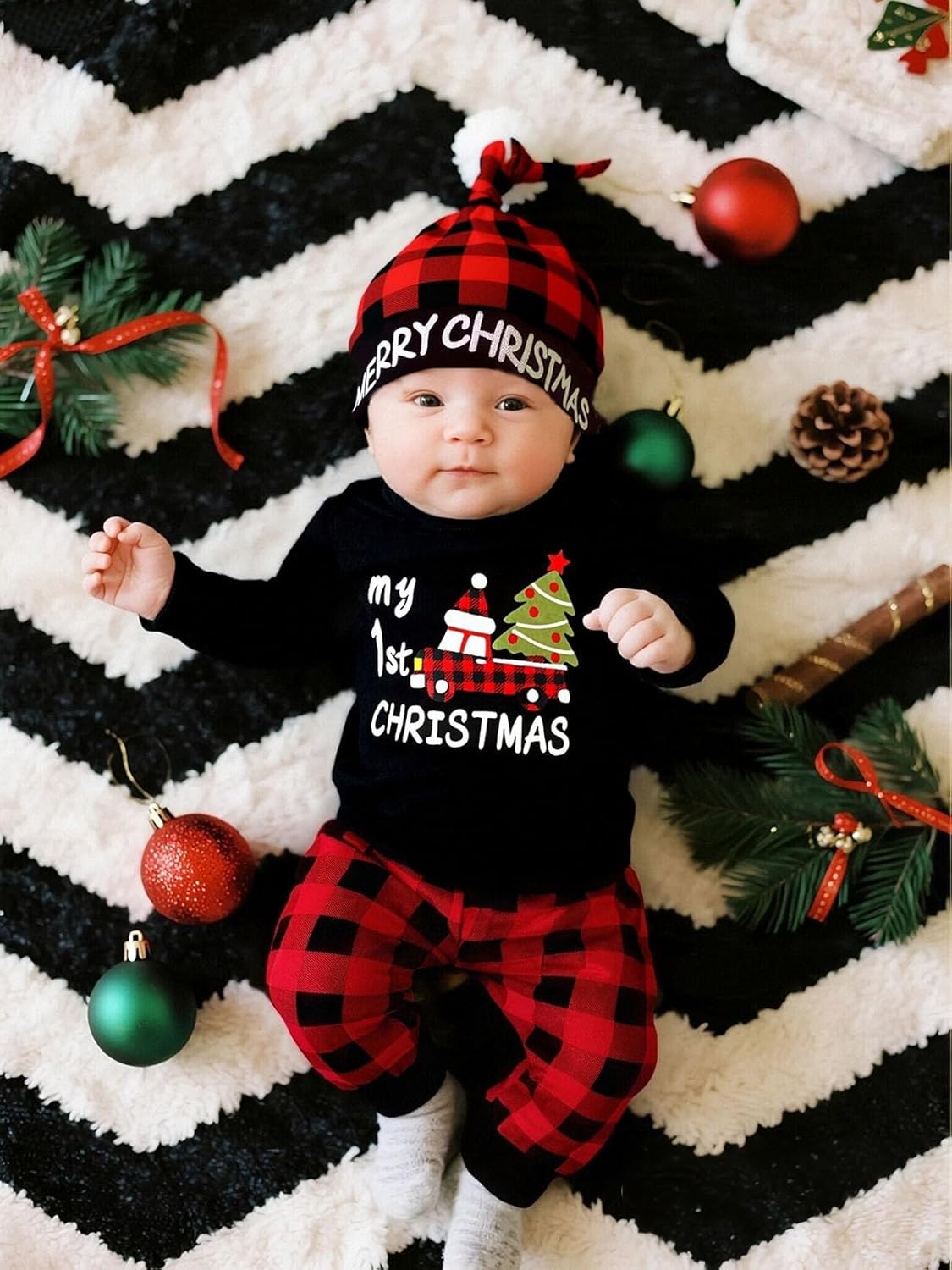 COSLAND Baby Boy Christmas Outfit Black Xmas Tree Car Red Plaid & Hat, Newborn-12 Months - Image 4