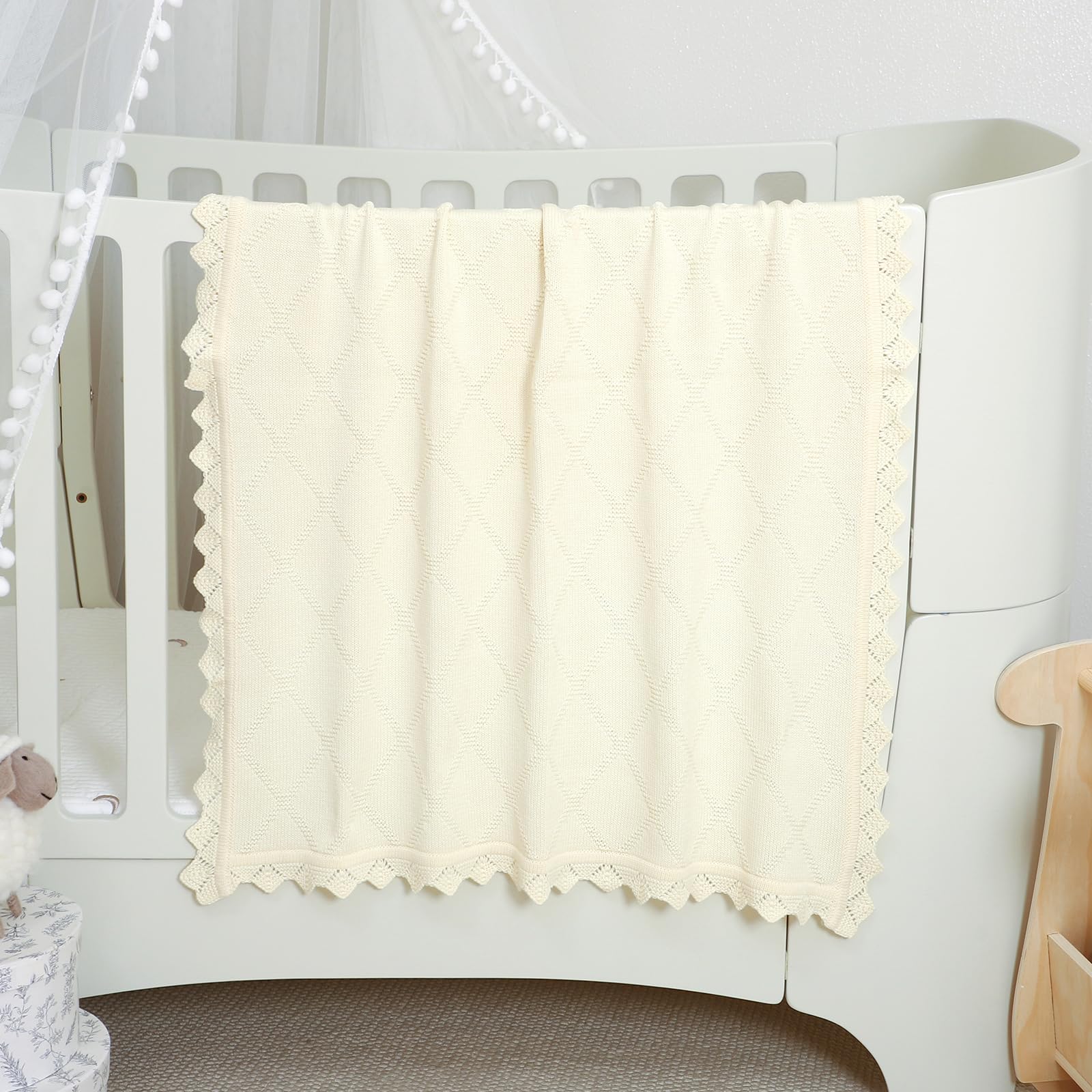 mimixiong Baby Blanket 100% Cotton Knitted Soft Knit Crochet Blankets for Newborn Boy Girls Toddler 100x80cm (Cream) - Image 3