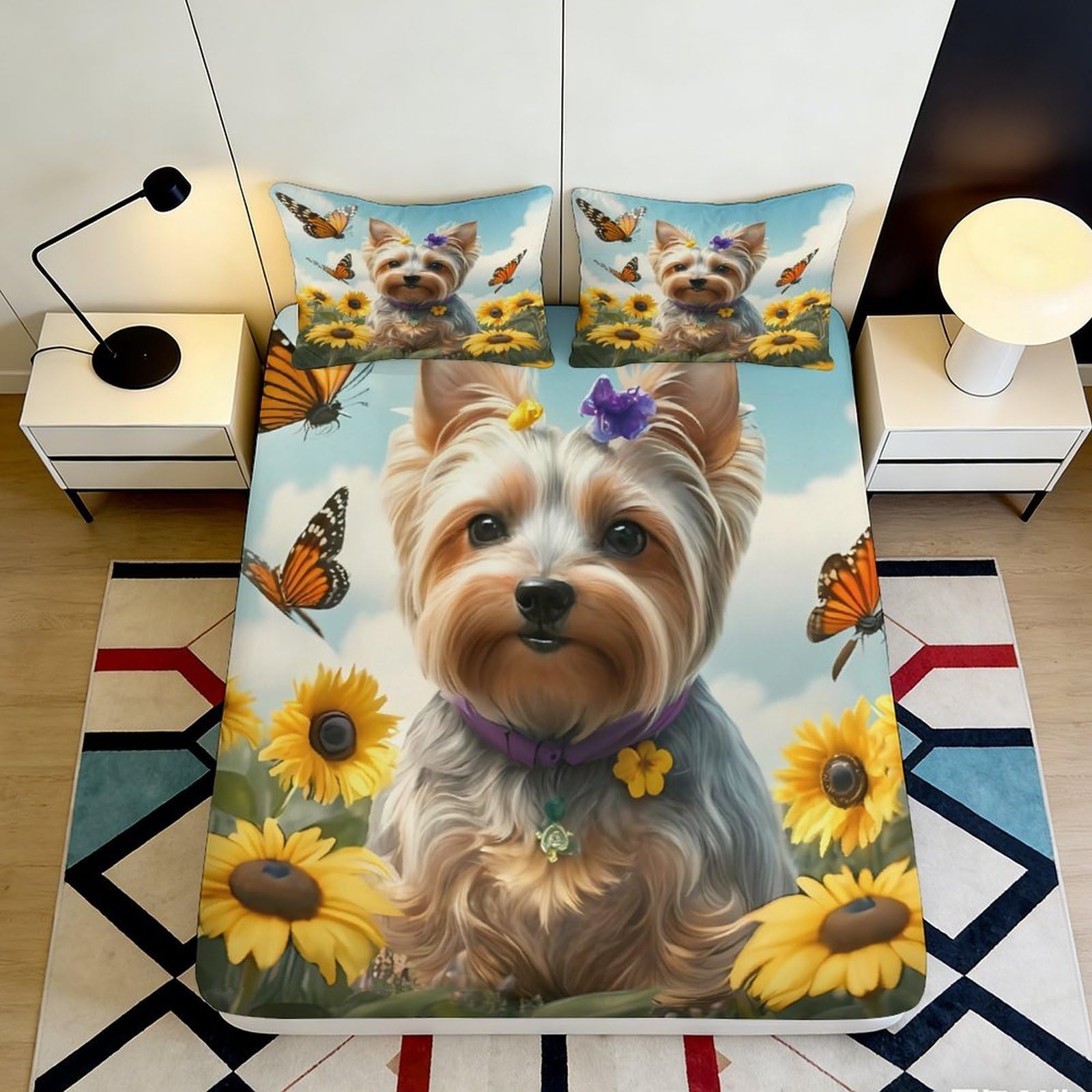 3D Printed Yorkshire Terrier Sunflower Fitted Sheet Microfiber Soft Butterfly Mattress Cover Bedroom Decor 90x200x25cm