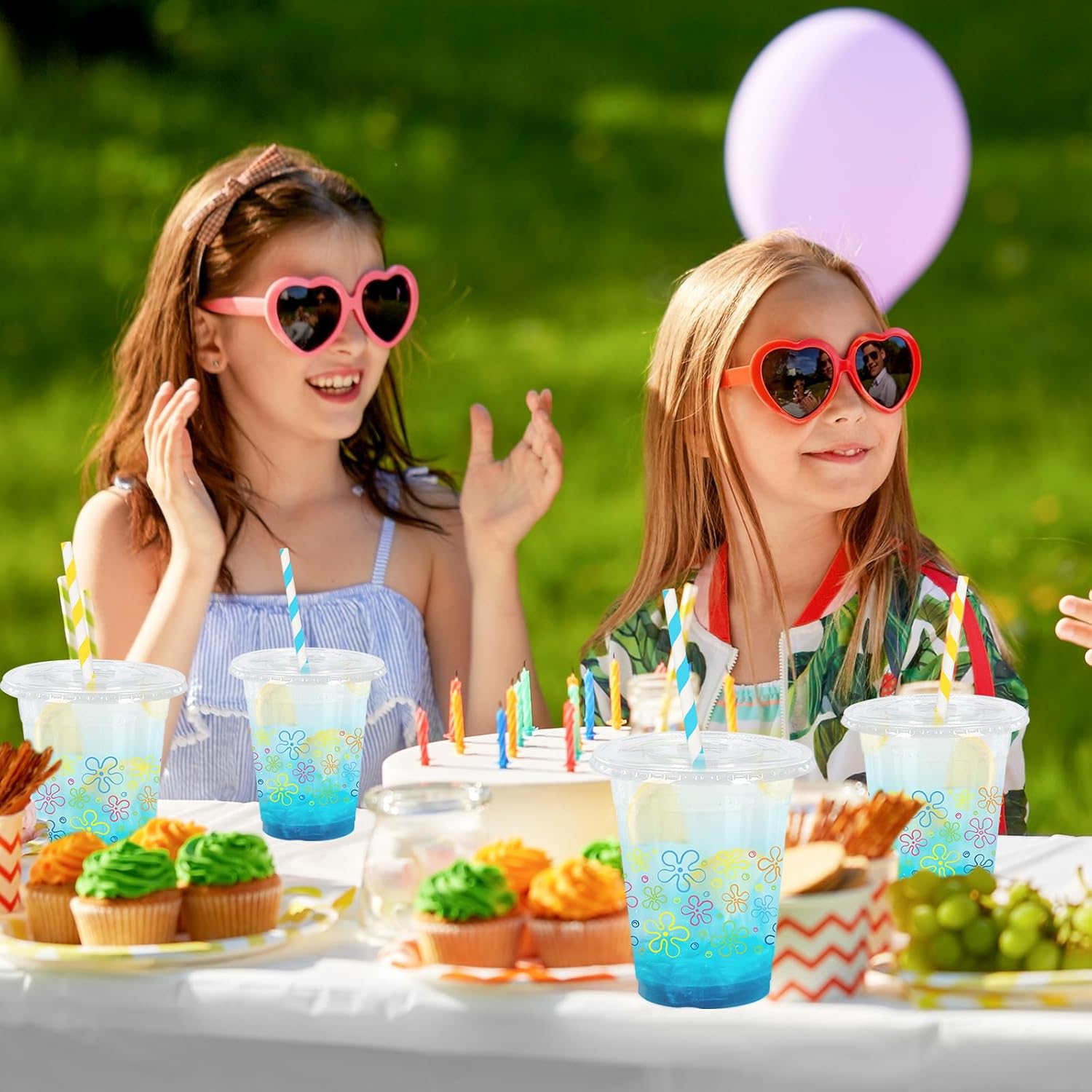 Whaline 50Pcs Cartoon Sponge Plastic Cups with Lids Straws Colorful Bikini Flower Clear Plastic Cups 12oz Disposable Cup for Birthday Baby Shower Party Favors Supplies - Image 6