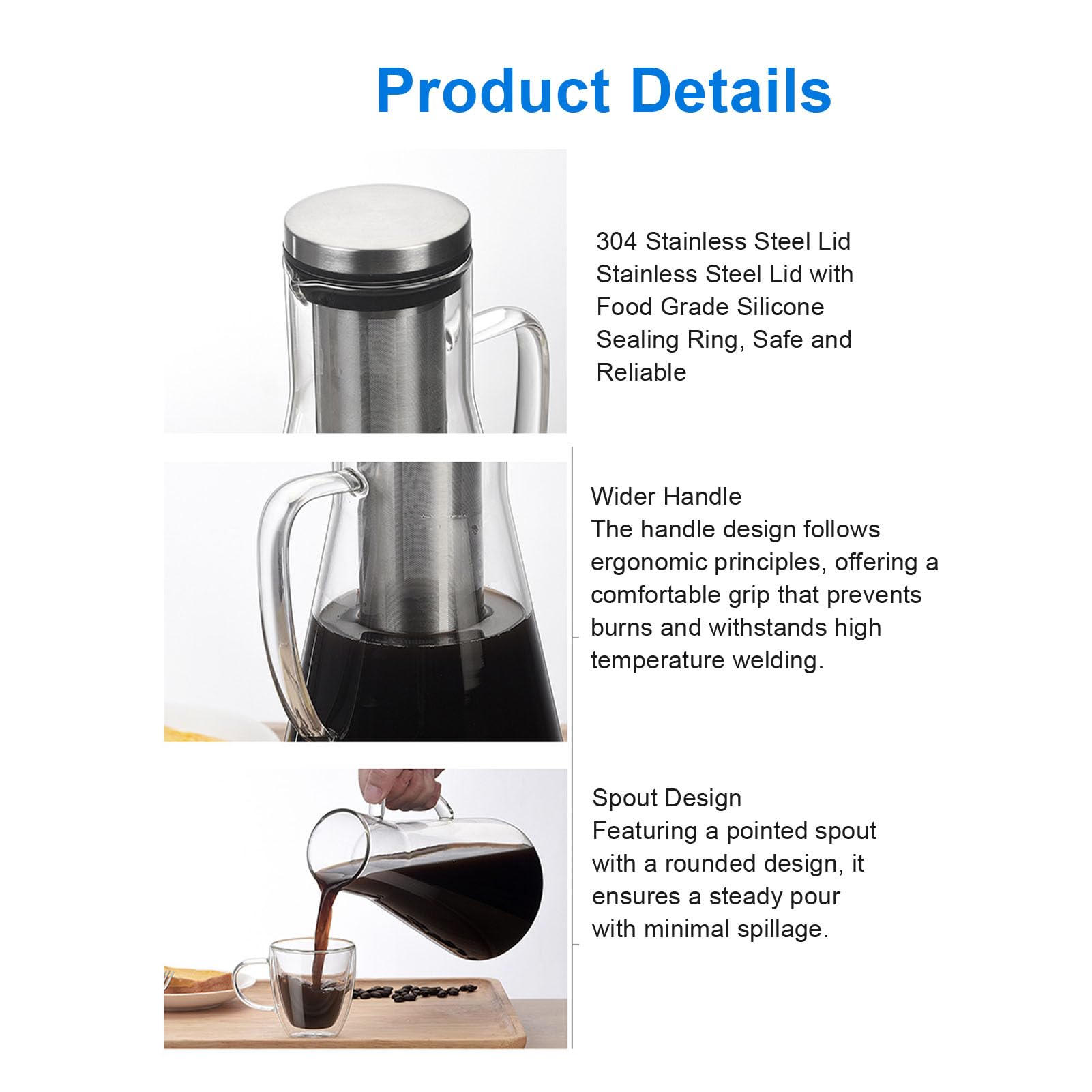 Cafetière à Infusion à Froid en Acier Inoxydable Pichet Verre Borosilicate 1600ML