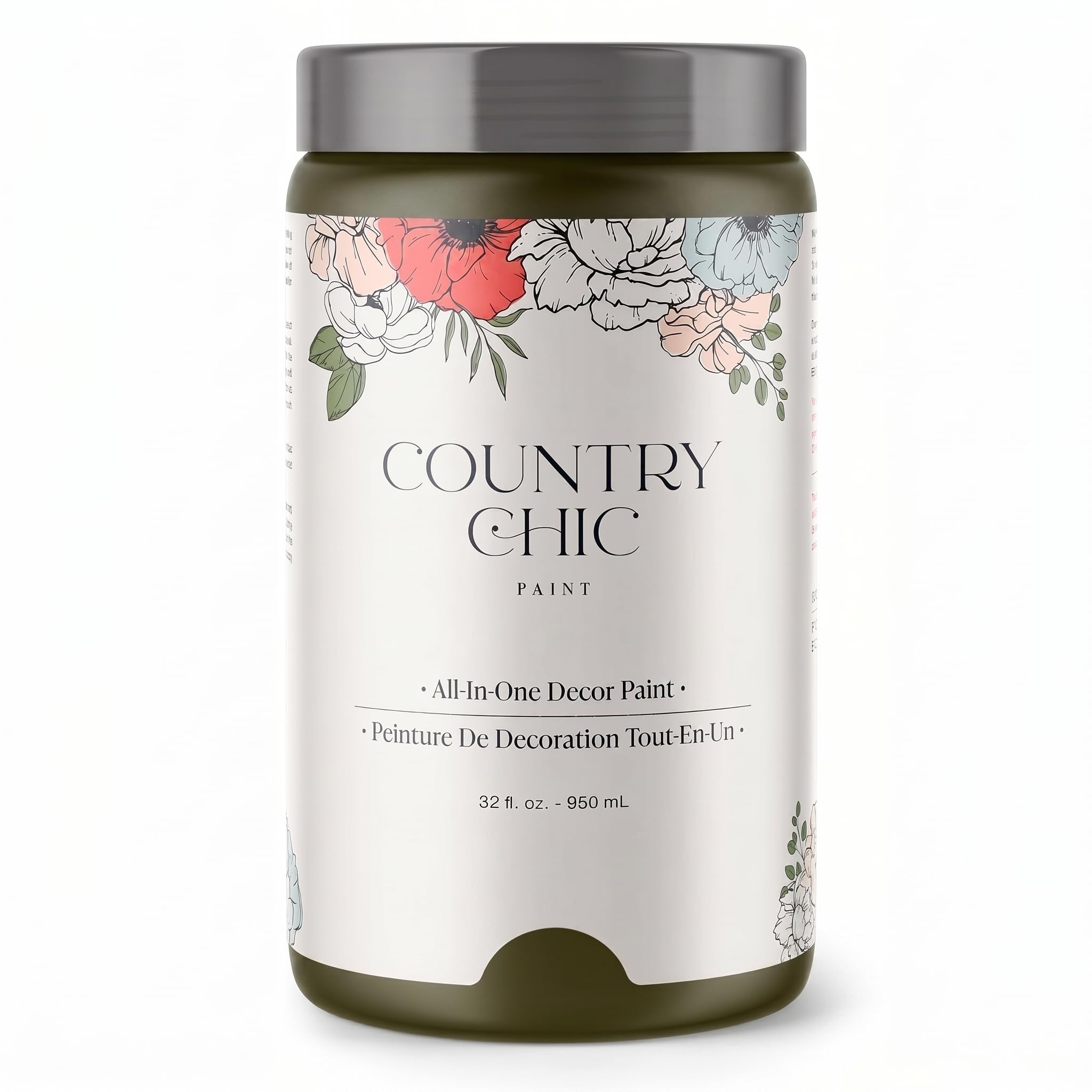 Country Chic All-in-One Chalk Paint for Furniture, Cabinets, Home Decor, Eco-Friendly, Matte Finish, Built-In Primer &amp; Top Coat for Wood, Metal - Neverland (Olive Green) - Quart (32 oz)