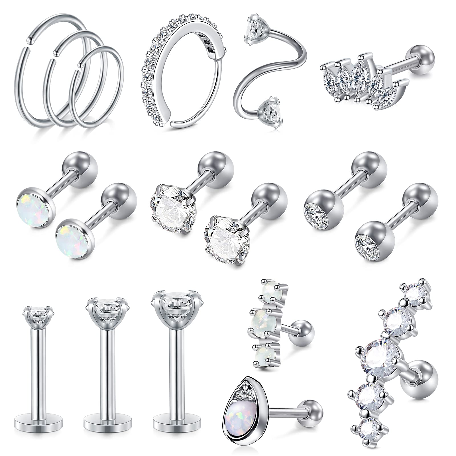 MODRSA20g 16g Cartilage Earrings for Women Silver Gold Helix Piercing Jewelry Surgical Steel Hypoallergenic Flat Back Earrings Cartilage Hoop for Women Forward Helix Earring Tragus Jewelry Screw Back