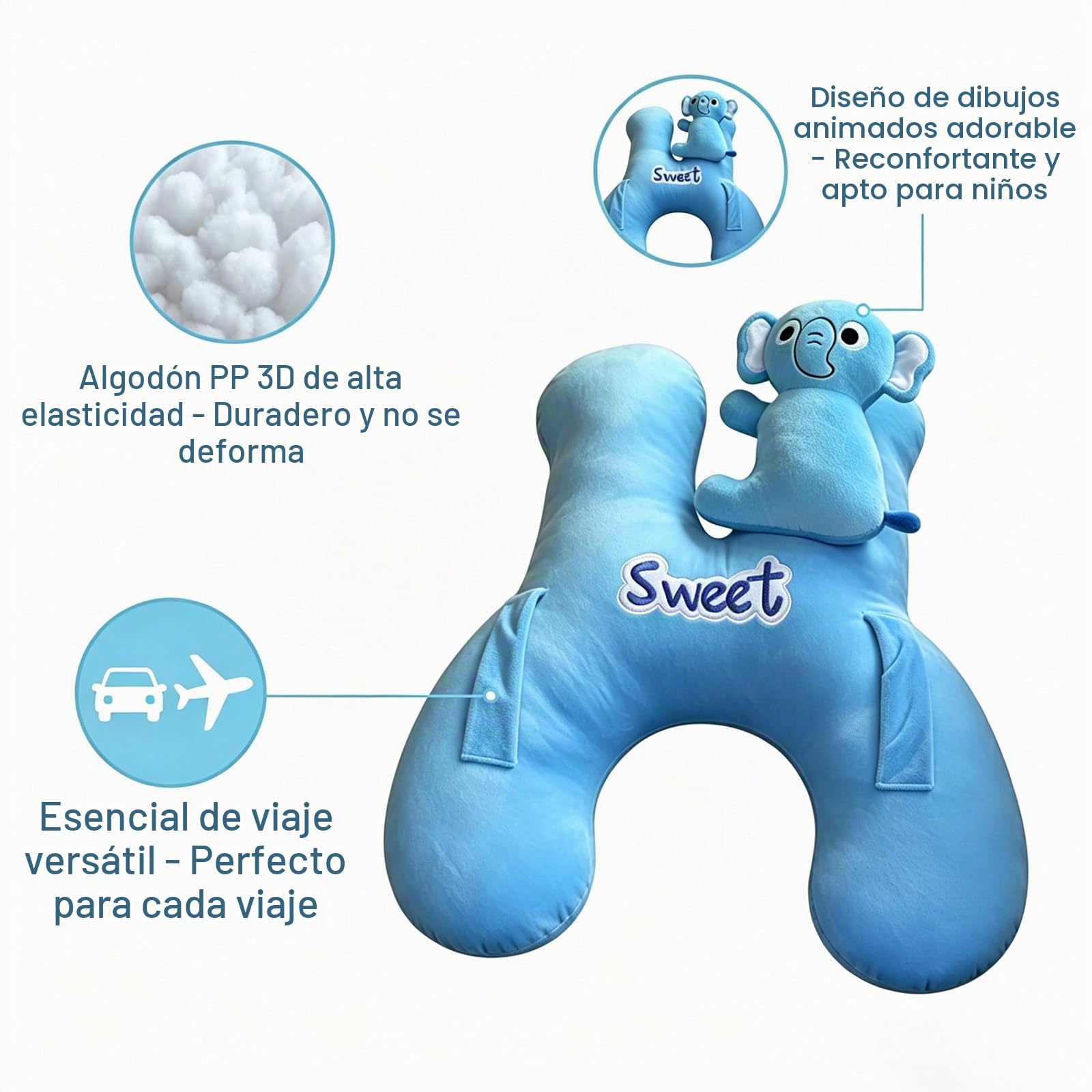 Devineresse Almohada de Viaje para Niños Almohada Coche niños | almohada coche niños Forma H con Apoyacabeza Lateral Desmontable Almohada para Dormir en Coche en Viajes Largos