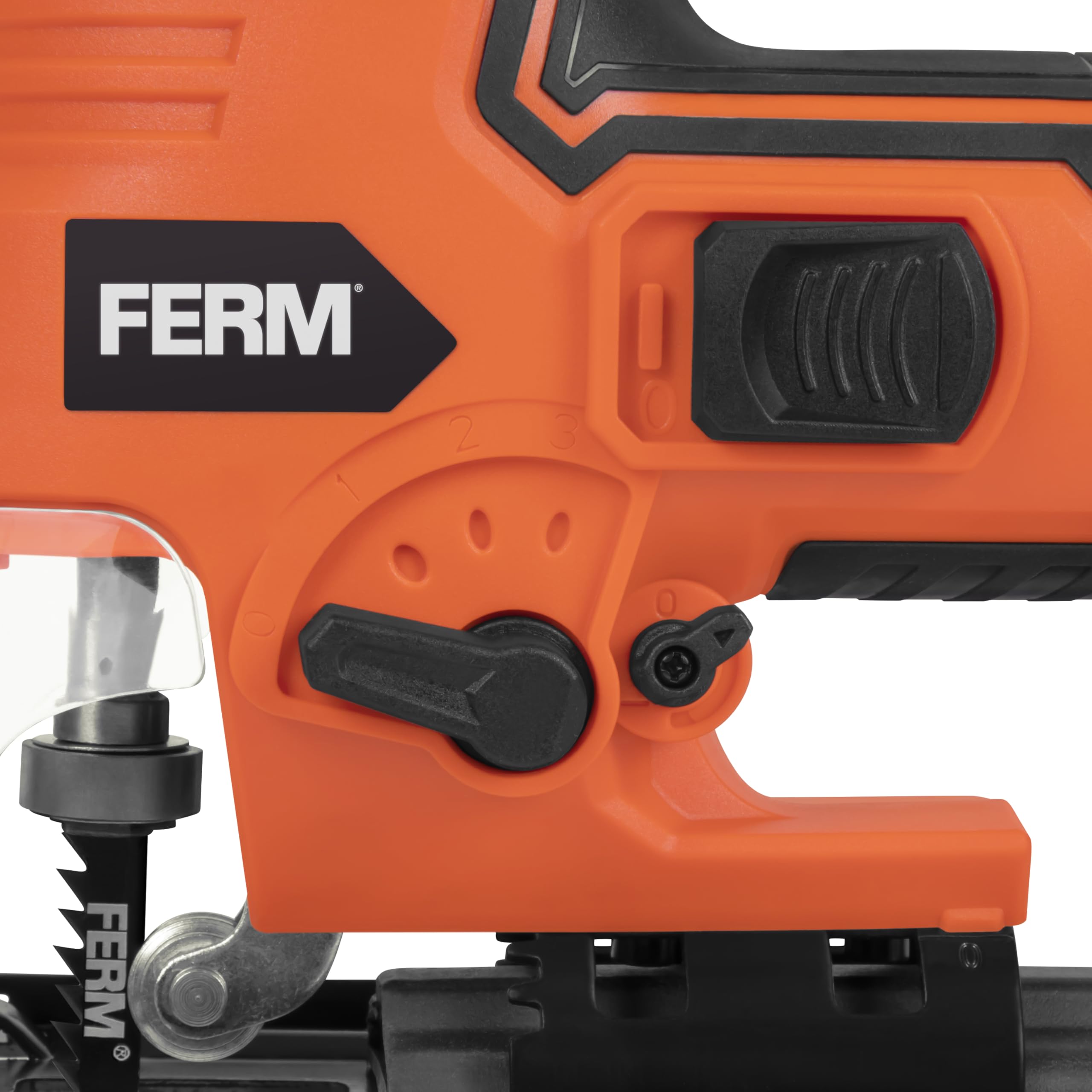 FERM Scie sauteuse sans fil 20V – Compatible AX/FX-Power, 4 positions pendulaires, vitesse variable 1000-2300 tr/min, Lames pour bois et métal incluses, Sans batterie ni chargeur