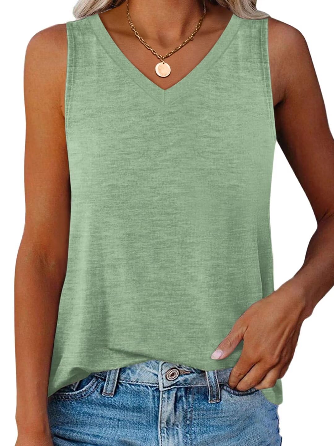 Photo 1 of  Women Sleeveless Tank Top Summer Basic Crewneck Curved Hem Sleeveless Tunic Tops Loose Fit XX-LargeLight Green