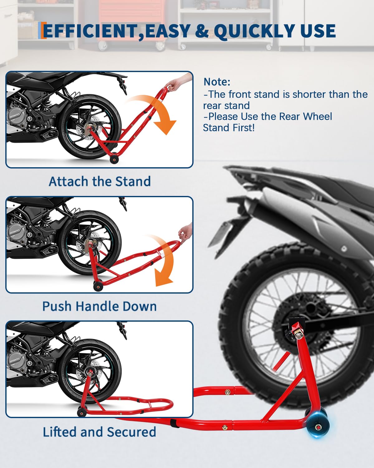 Garvee Supporti per moto anteriori e posteriori, set di sollevamento ruote anteriori e posteriori da 408,2 kg con adattatori a pin + bobina per braccio oscillante regolabile a L, supporti universali