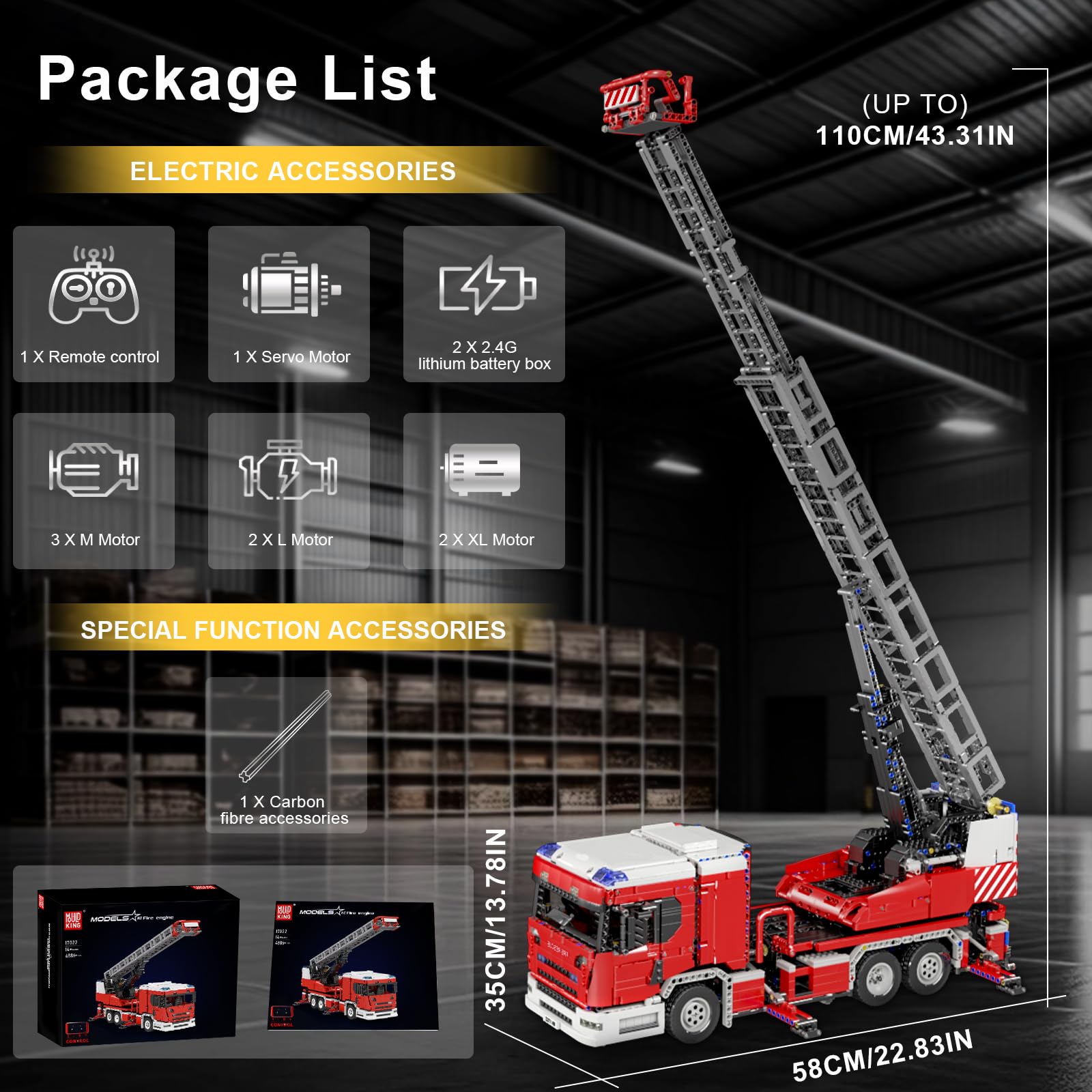 Mould King 17022 Technik Feuerwehr Drehleiter LKW Technik Bausatz – Ferngesteuertes Feuerwehrauto mit Motoren, Große Bausteine Modell für Erwachsene & Jugendliche ab 14 (4886 Teile)