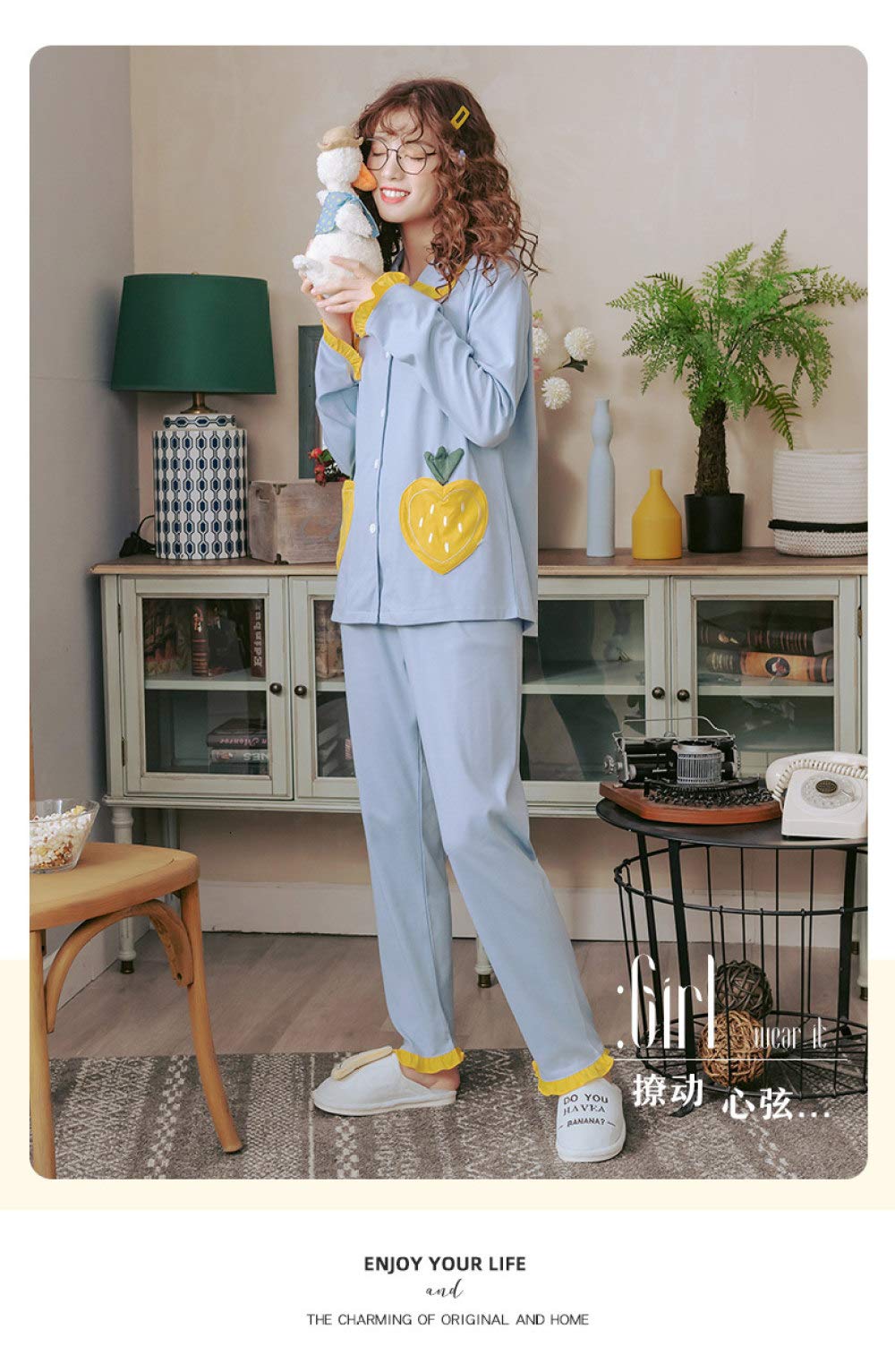 Conjunto De Pijamas De Mujer,Conjunto De Pijamas De Fresa Dulce Ropa De Dormir De Manga Larga De Algodón Top Con Botones Y Pantalones Pjs Cozy & Ropa De Dormir Suave Para El Otoño Invierno,Azul,M