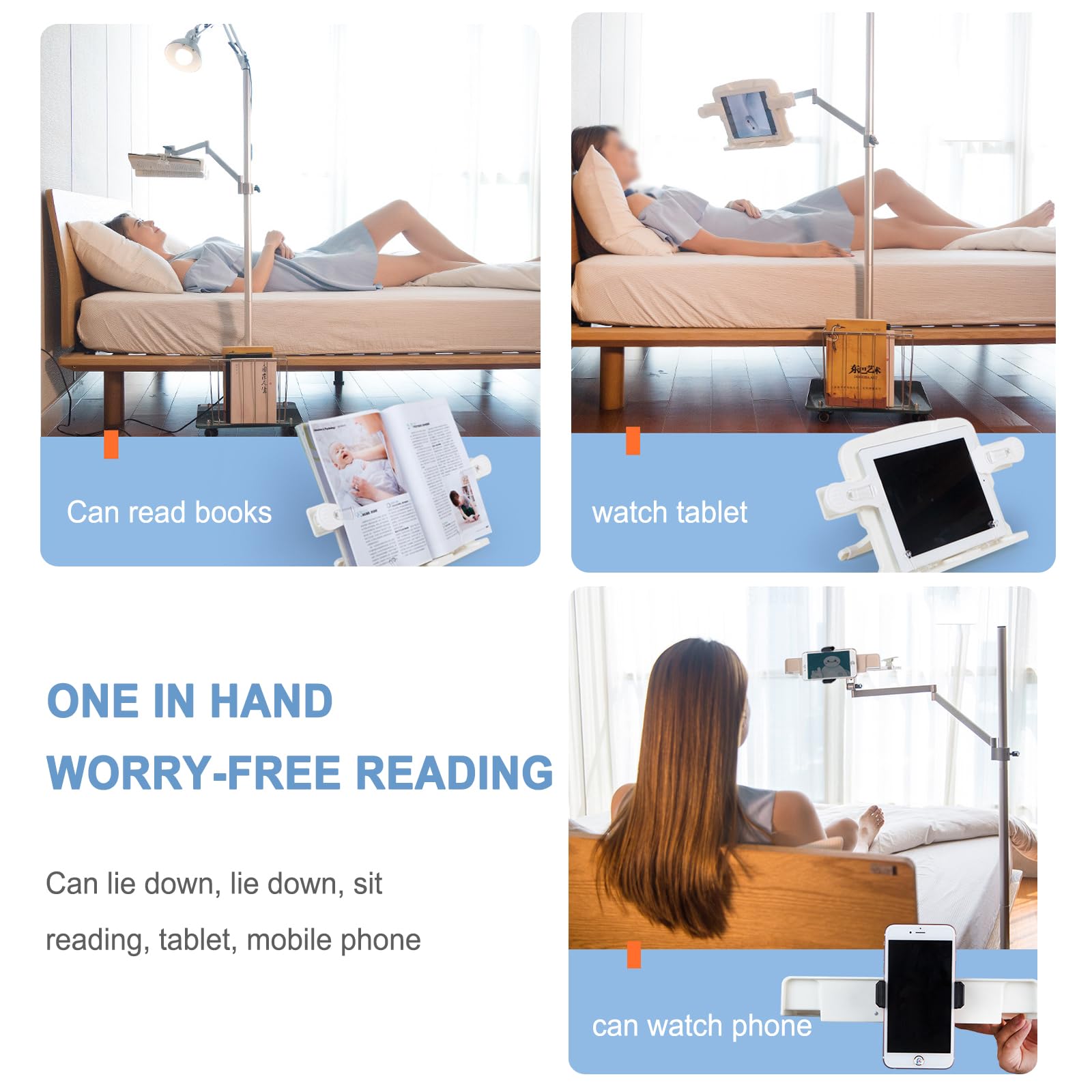 Soporte de suelo ajustable con ruedas, lectura en la cama, altura y ángulo ajustables, con cesta para libros, soporte estable para tableta, regalo para amantes de los libros