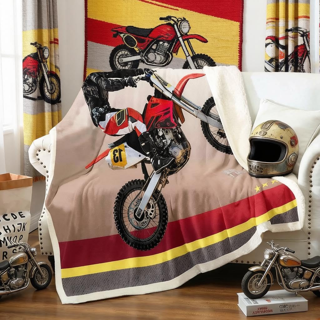 Loussiesd 3D Dirt Bike Sherpa Blanket - Motocross Racer Extreme Sports Fleece Throw for Kids Boys - Racing Motorcycle Plush Motorbike Fuzzy for Sofa Bed Couch - Single 50x60 Inch