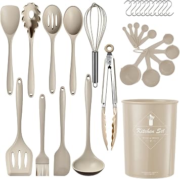 32 Pcs Non-Stick Silicone Kitchen Utensils Set,Kitchen Essentials Cooking Utensils Set BPA Free Heat Resistant Kitchen Utensils mit Spatula Tongs Whisk for Nonstick Cookware Dishwasher SafeKhaki