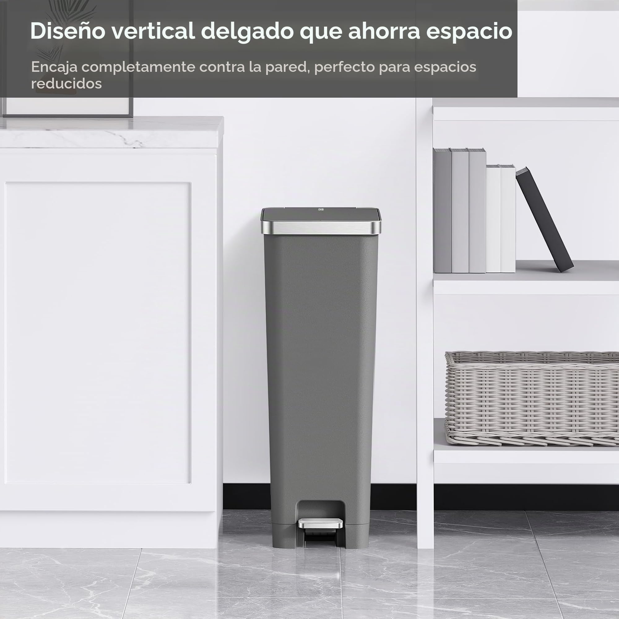 EKO Hana - Cubo de basura con pedal de cocina de 30 L, con ruedas integradas para cocina y uso doméstico, color gris