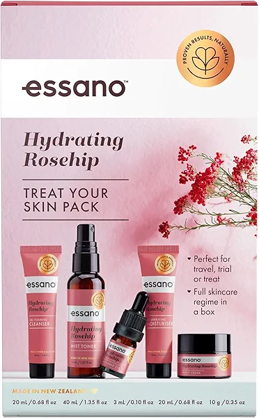 Essano Rosehip Oil Skin Care Set, Treat Your Skin Travel Size Pack Includes Face Cleanser, Mist Toner, Rosehip Oil, Face Moisturizer & Night Cream with Rosehip Oil, Jojoba Oil, Aloe Vera & Shea Butter