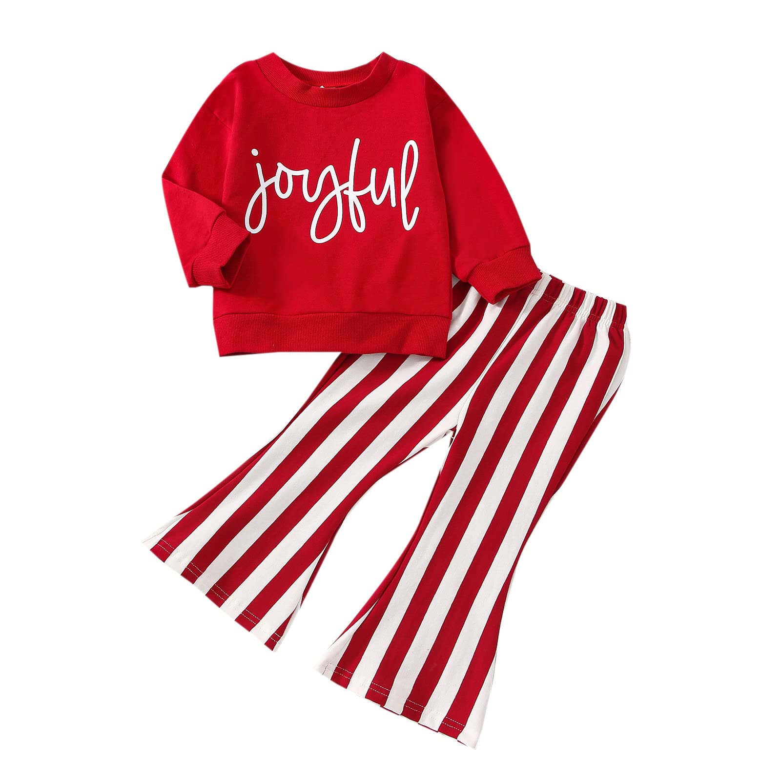 Toddler Kid Baby Girl Christmas Outfit Joyful Crewneck Sweatshirt Stripe Flared Pants 2Pcs Xmas Clothes Set 6M-5T (Red+Stripe, 18-24 Months)
