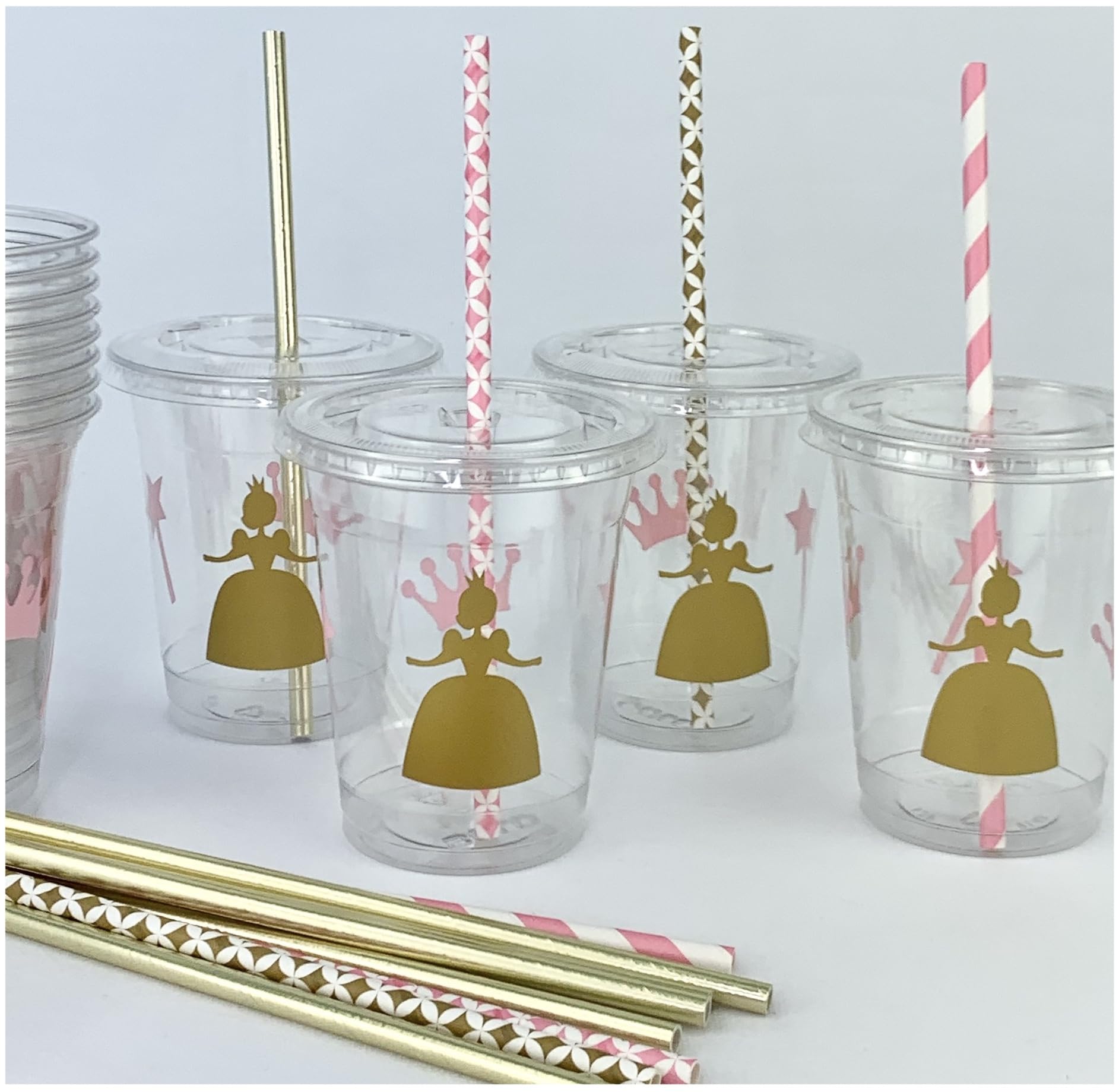 Pink & Gold Princess Disposable Plastic Cups, Lids, Paper Straws, Once Upon a Time Birthday Party Supplies, Set of 12