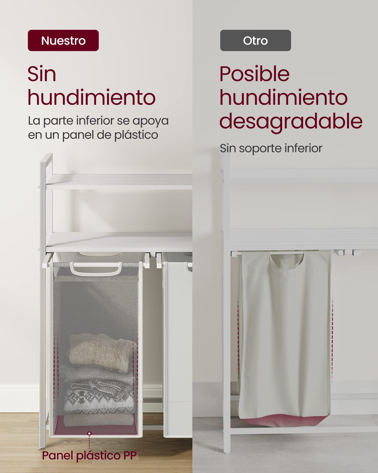 VASAGLE Cesto para Ropa Sucia, Cesta Colada Desmontable con 2 Bolsas Extraíbles, 2 Estantes, 46 L por Bolsa, para Baño, Lavandería, Blanco BLH211W01