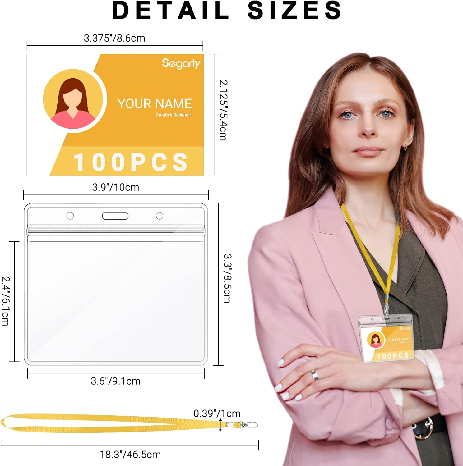 Segarty Lanyards with ID Holder, 100 Pack Horizontal Badge Clear Plastic Name Tags Neck Key Card Bulk, Yellow Strap Clips Waterproof Ziplock Nametag Protector for Women, Business, Student, School