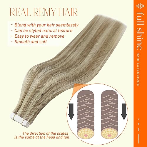 Miniatura 3 de Full Shine - Extensiones de cabello con cinta invisible de color rubio dorado 1622 y rubio medio, sin costuras, 20pulgadas, 1.76oz, 20unidades,