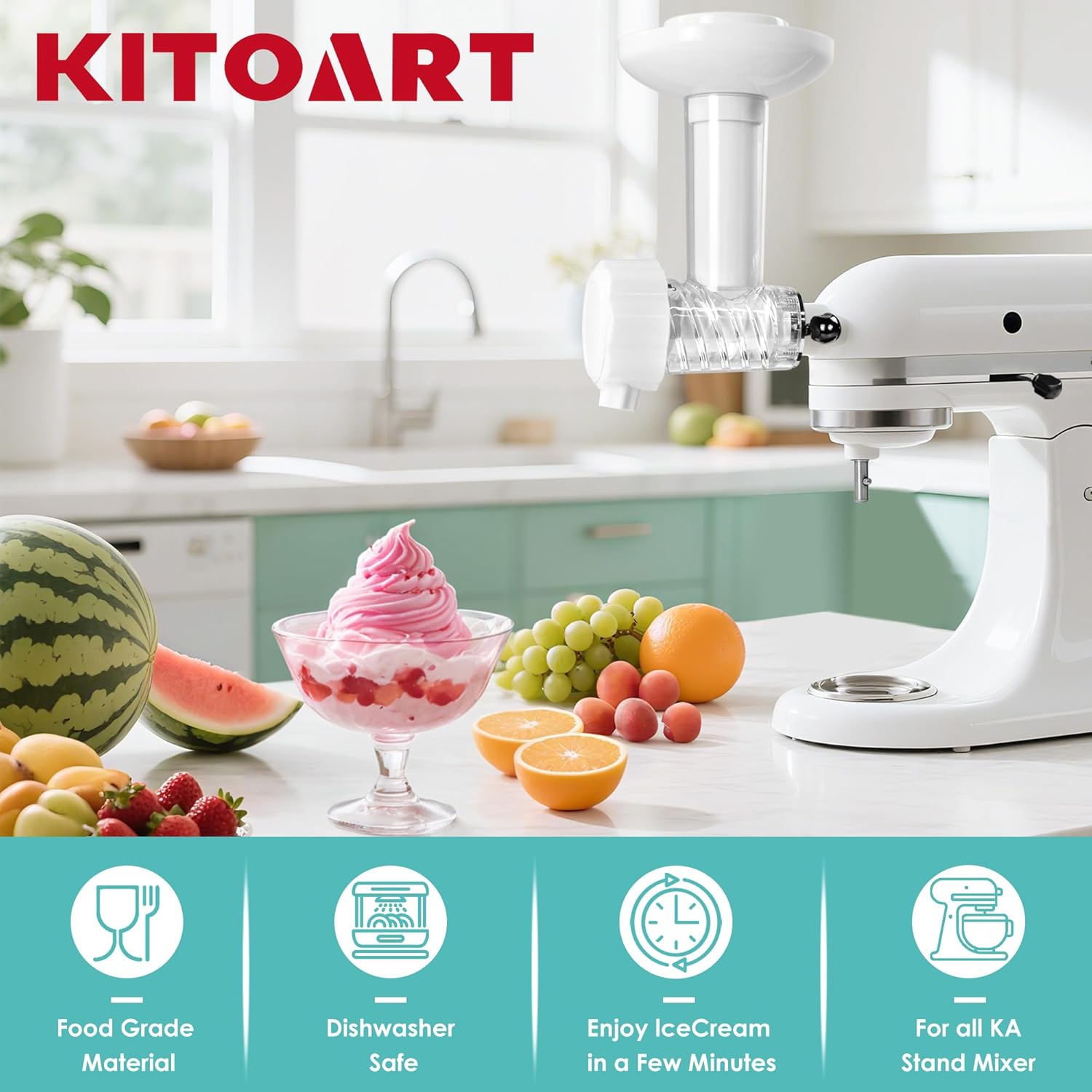 Frozen Fruit Ice Cream Attachment for Kitchenaid Stand Mixer, Dairy-Free Sorbet Gelato Maker, Dessert and Soft Serve Frozen Yogurt - Healthy Dessert Fruit Soft Serve Maker