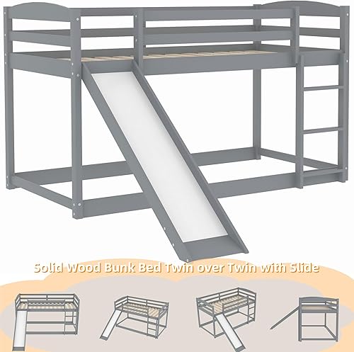 Miniatura 131 de Litera baja individual sobre individual, base de cama de madera maciza con escalera y barandillas de seguridad, literas individuales para niños y