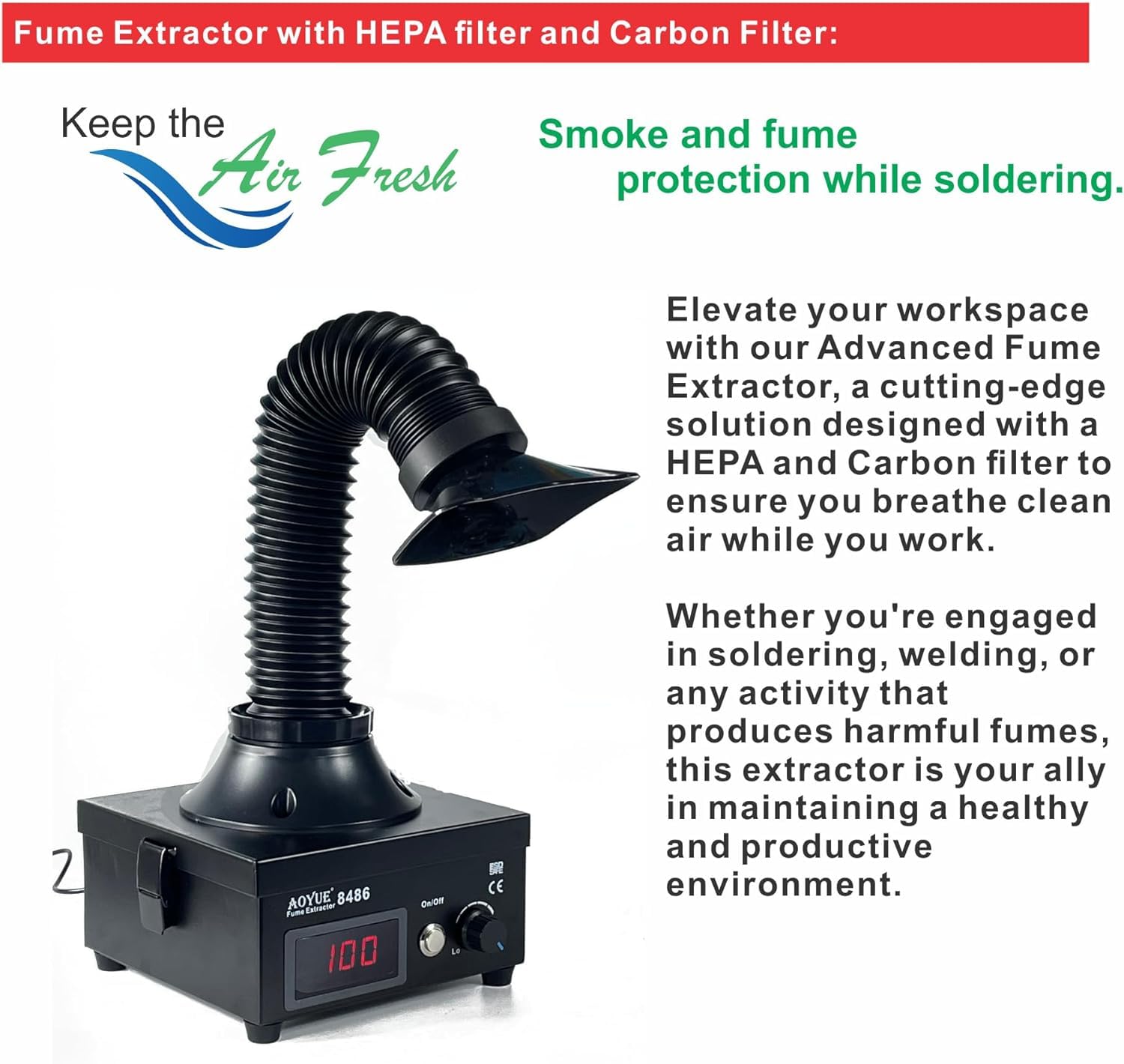 AOYUE 8486 Extractor de humo de soldadura Eliminación de humo de soldadura Diseñado para un rendimiento óptimo en banco