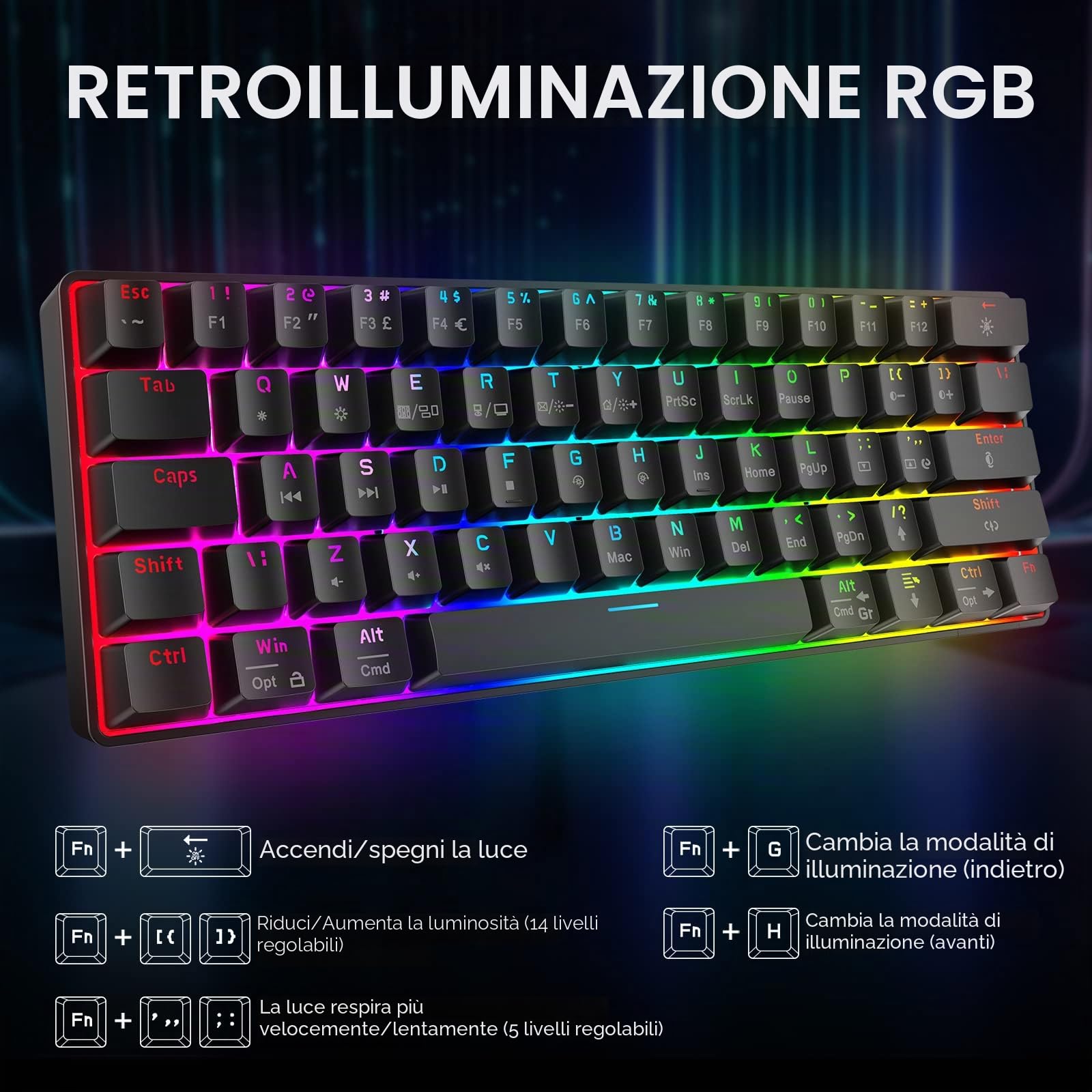 KOORUI Tastiera per videogiochi, 60% meccanica, 26 RGB retroilluminata con cavo, design britannico a 61 tasti con interruttore rosso, per Windows, MacOS e Linux