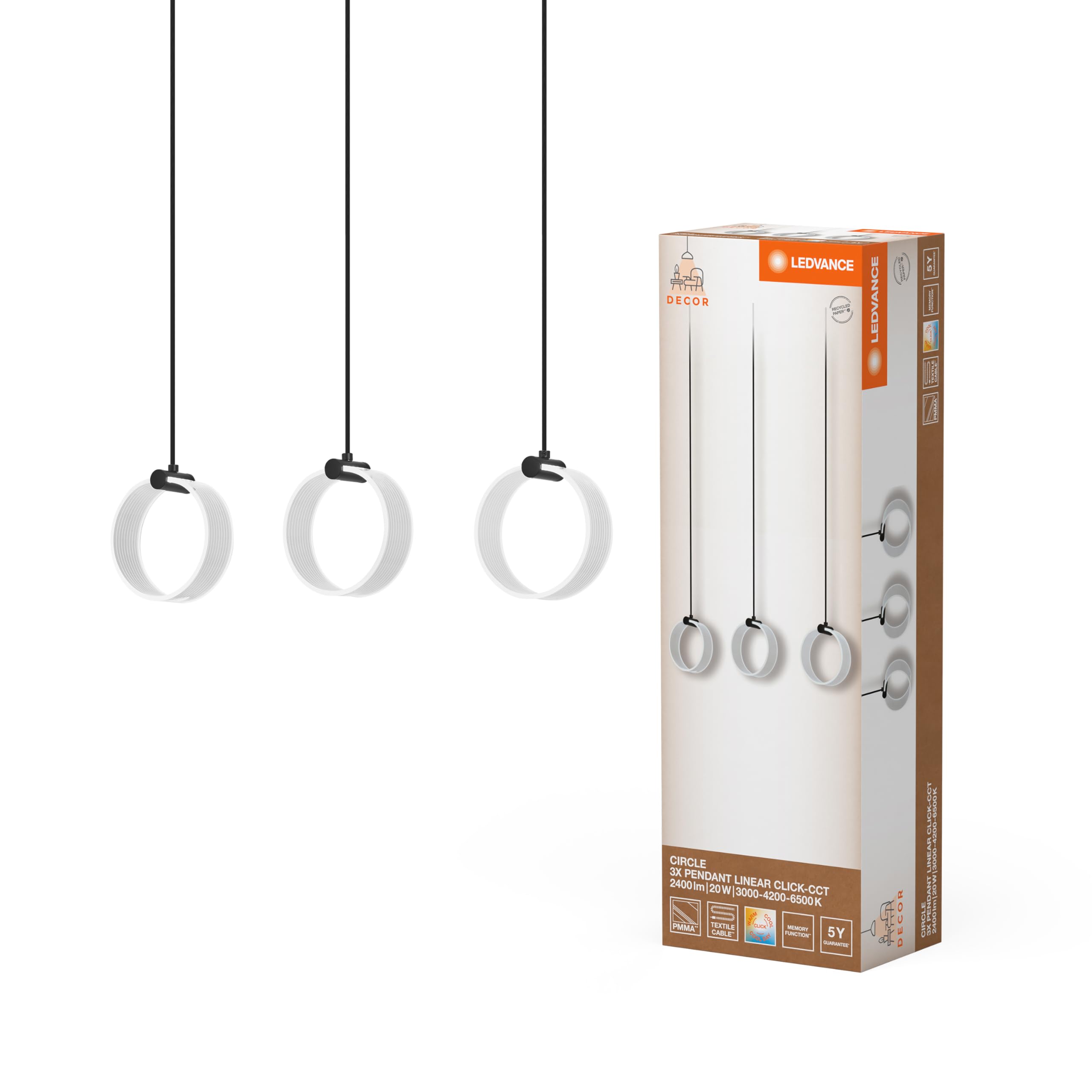 LEDVANCE Decor Circle Decorative Pendant Light, 3-Bulb, LN, 20W, 1300lm, 3000K/4200K/6500K, Warm White/Cold White/Daylight, Click-CCT Switch, IP20, Plastic, 4-Pack