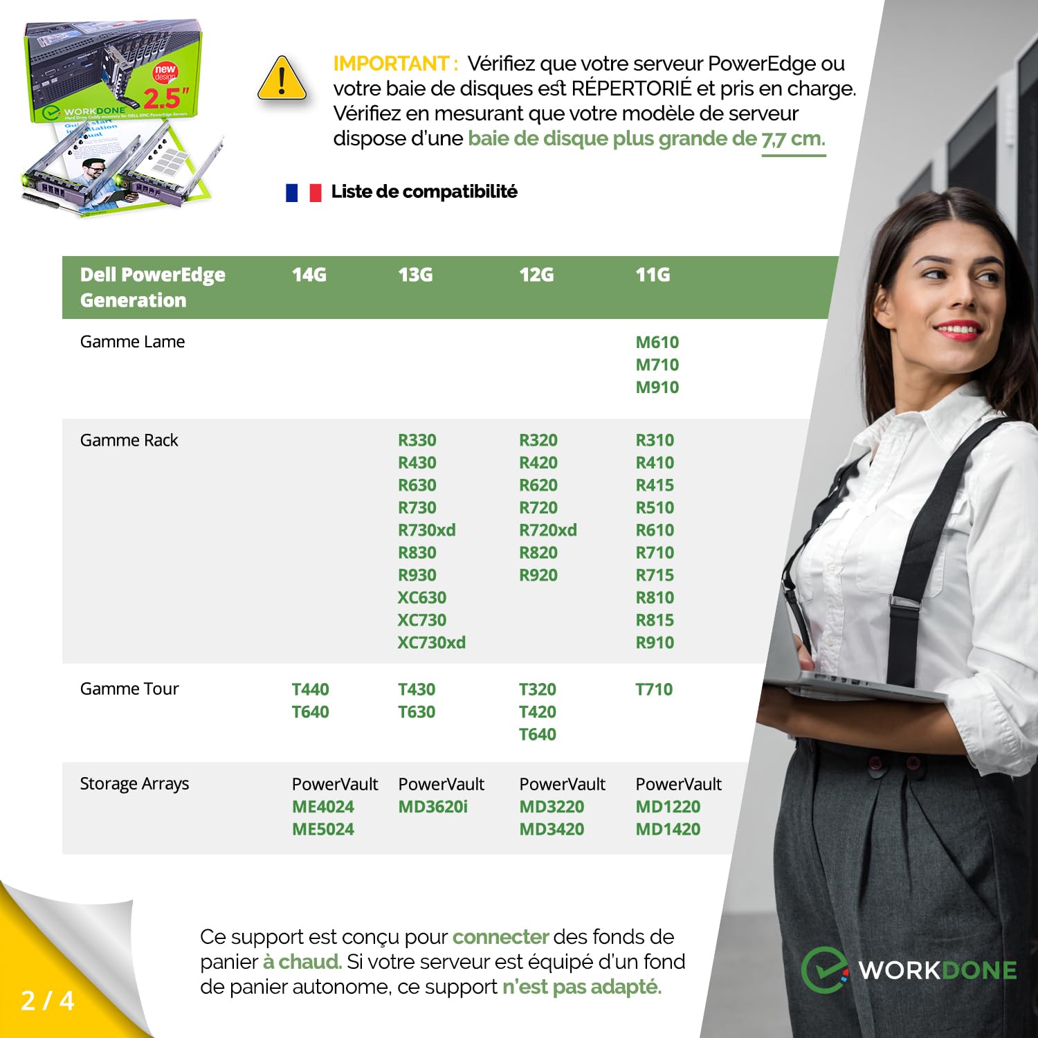 WorkDone (Pack 2 u.) Plateau Caddy HDD 2.5" Compatible avec Les serveurs Dell PowerEdge R320 R420 T420 T620 R620 R720 R720XD R820 R920 G176J - Hot-Plug Adaptateur Traîneau - Installation Facile