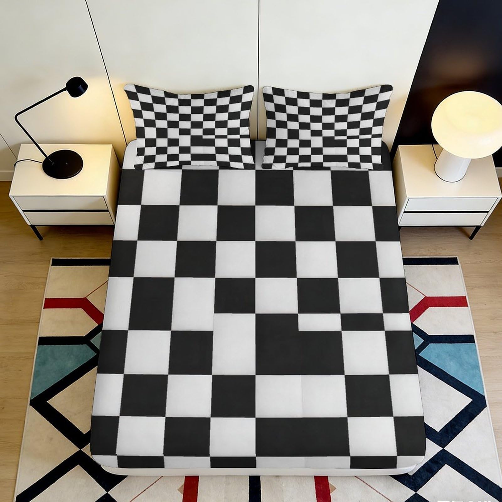 Jqzkxnhpbr Style-5 3D Printed Checkerboard Fitted Sheet Microfiber Black White Mosaic Bed Cover Non-Slip Bedroom Dorm Mattress Decor 90X200x25cm
