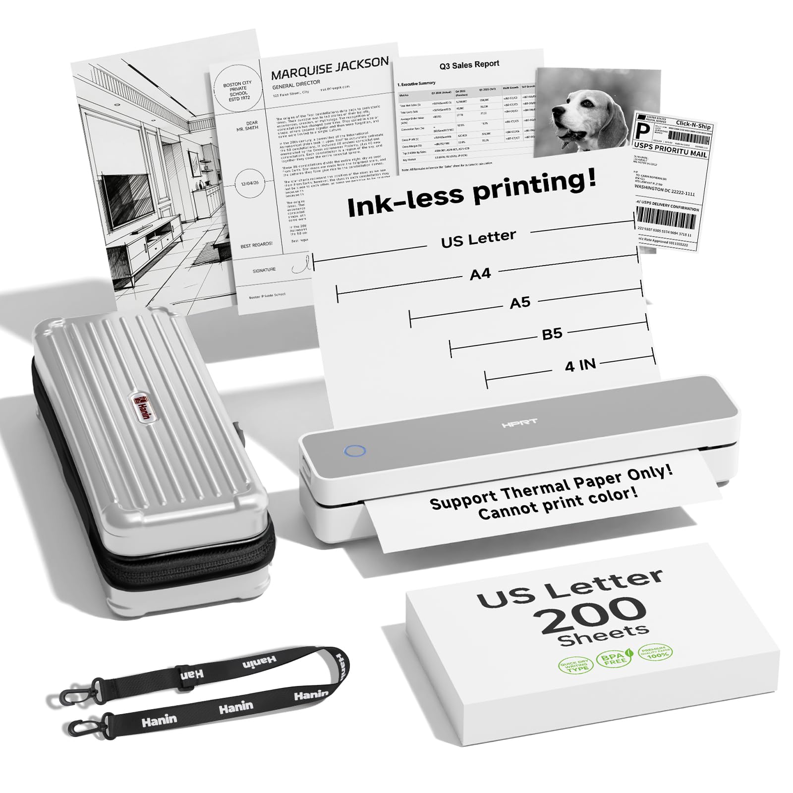HPRT Portable Thermal Inkless Travel Printer &amp;200Sheets &amp; Case Kit White