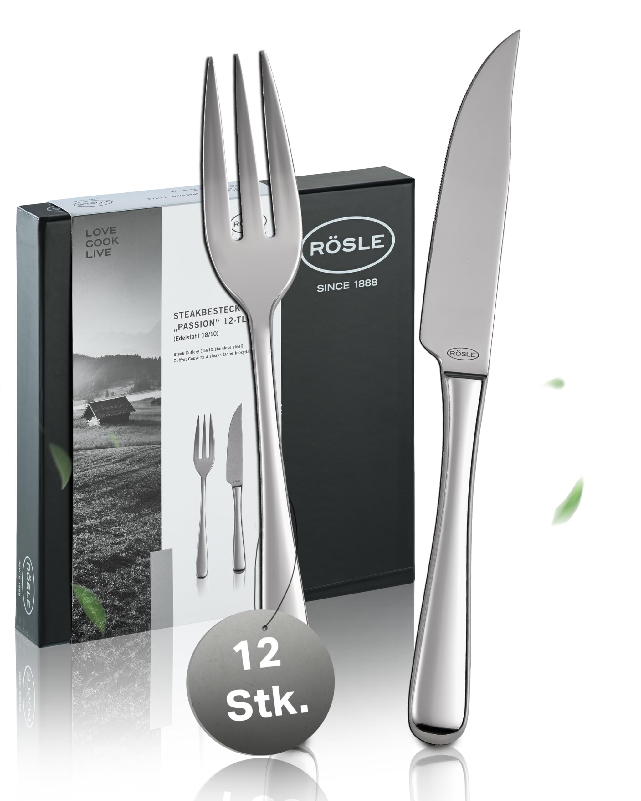 RÖSLE PASSION Steakbesteck 12-teilig – Hochwertiges Steakbesteck Set für 6 Personen aus Edelstahl 18/10 und Klingenspezialstahl – Hochglanzpoliert, Spülmaschinengeeignet, in Eleganter Geschenkbox