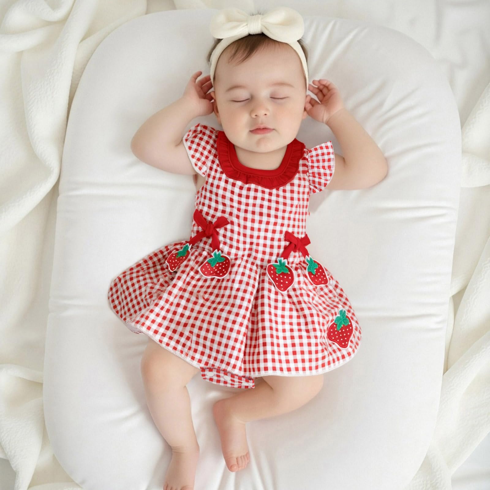 Newborn Infant Baby Girl Clothes Sleeveless Plaid Romper Dress Bow Layer Tutu Dresses Bow Headband Summer Bodysuit (US, Age, 0 Months, 3 Months, Red Plaid Romper Dress)