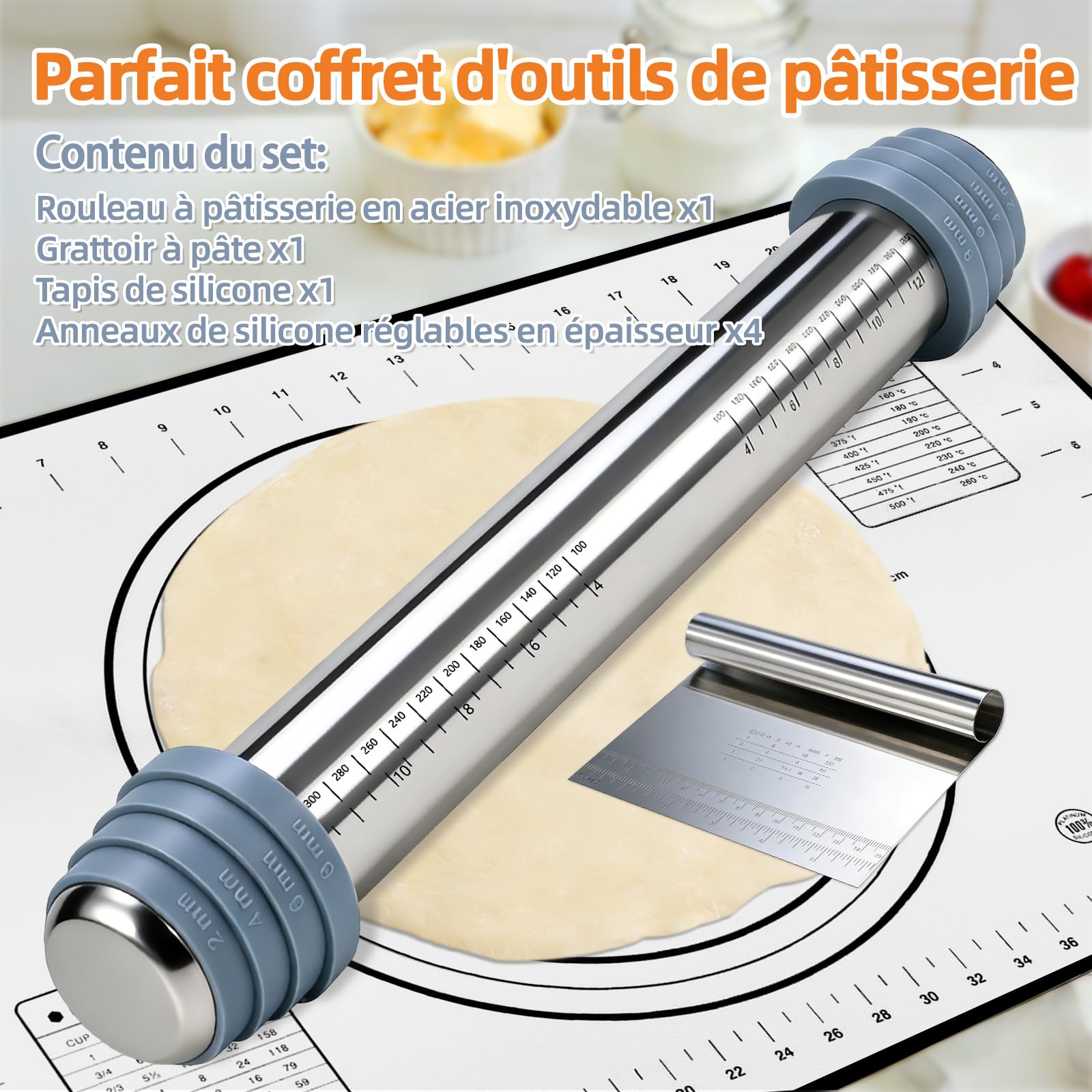 Rouleau a Patisserie en Acier Inoxydable avec 4 Tailles Anneau Réglable - Laminoir Pâtisserie 42 cm, Antiadhésif, Tapis et Grattoir à Pâte, Tous avec Marqueurs de Graduation, Pour Pizza, Pâte, Biscuit