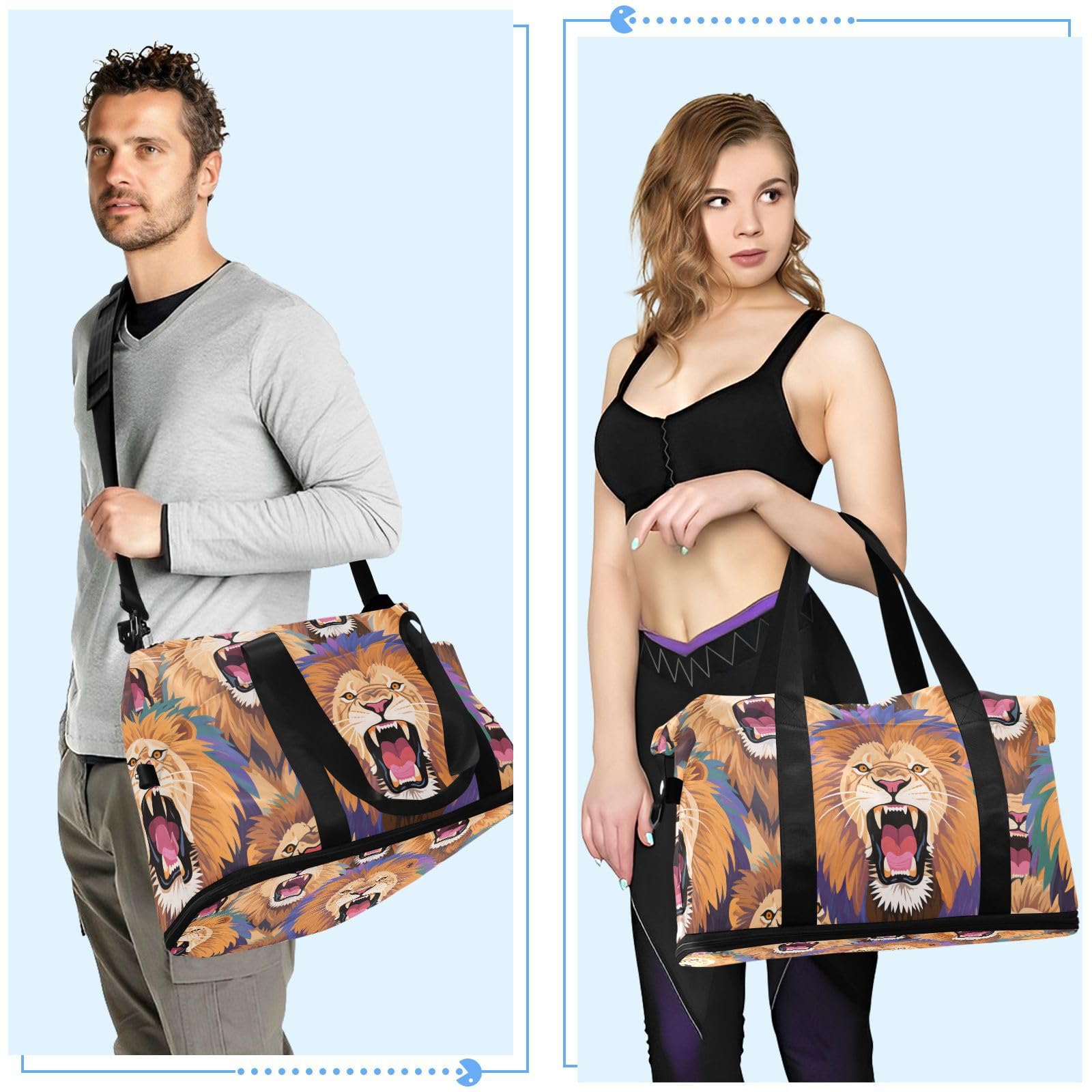 Borsa da aeroporto colorata con leone in stile cartone animato, grande, con tasca bagnata, tracolla regolabile, borsa da palestra per escursionismo, set da 2 pezzi, per uomini e donne