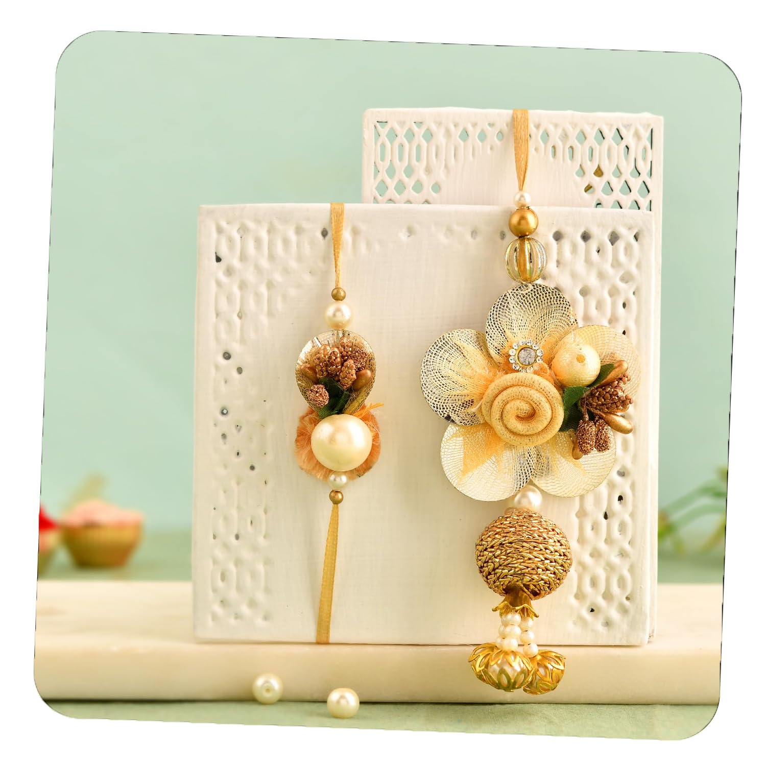 Bhaiya Bhabhi Rakhi Set of 2, Designer Rakhi for Brother, Premium Rakhis for Rakshabandhan, Flower Pearl Raki for Bhaiya Bhai Men Women, Best Wishes Card and Tillak Set, Thread Rakhies-image-8
