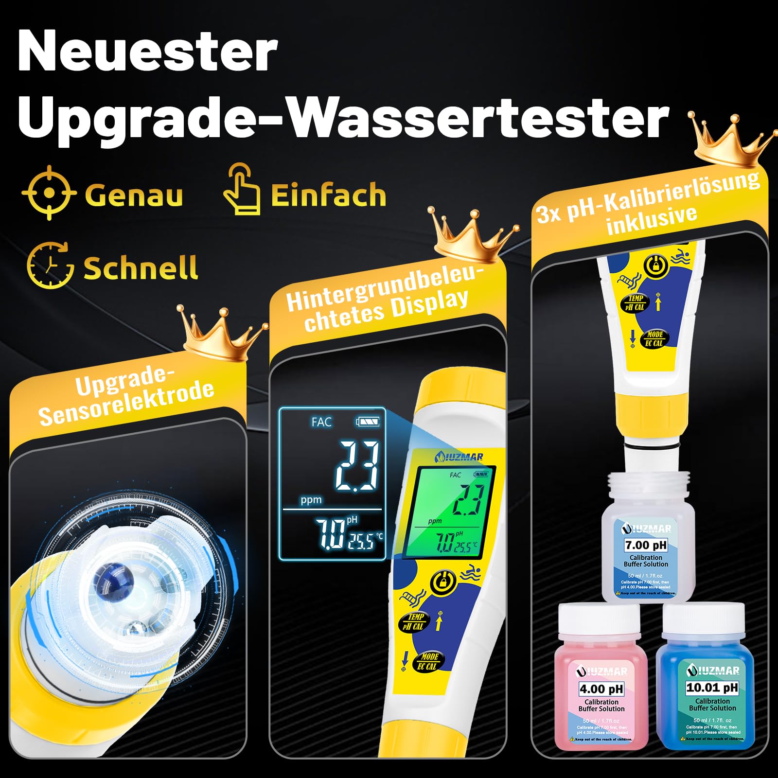 UIUZMAR Digitales pH und Chlor Messgerät Pool, 7-in-1 pH Salztester für Salz Pool mit Gleichzeitiger Anzeige, Multifunktionales pH Salzgehalt EC TDS ORP Messgerät Für Whirlpool Spa Schwimmbad