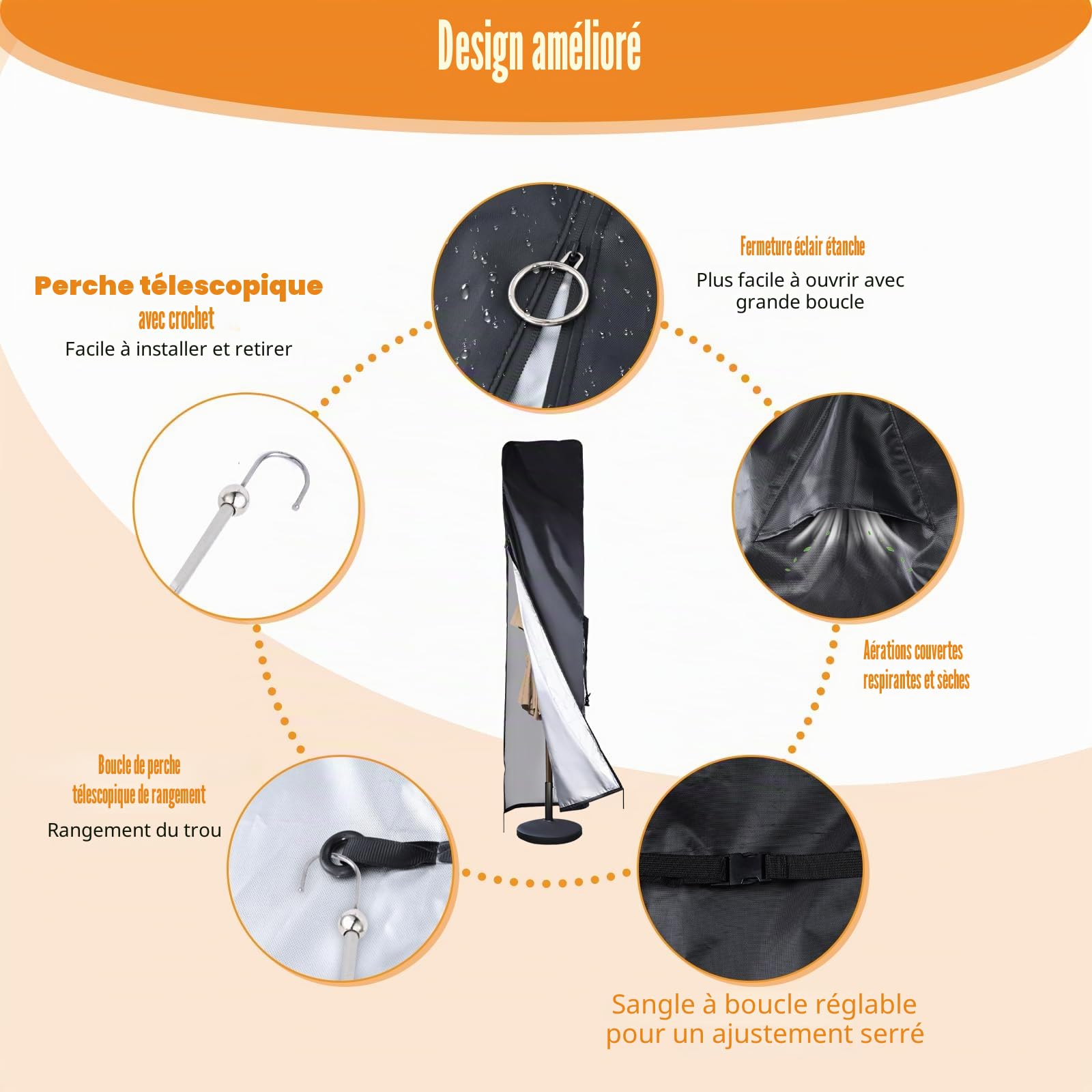 Housse de protection imperméable pour parasol déporté de 200 cm/330 cm, pour parasol double de 450 cm, housse de parasol 420D avec tige, fermeture éclair, aération supérieure (230 x 52 x 62 cm)
