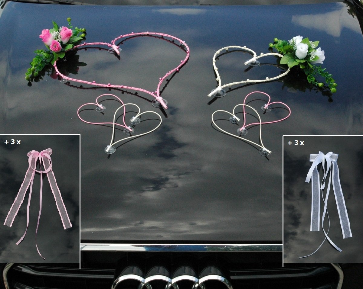 Top Hearts Car Jewellery Bridal Couple Rose Decoration Car Decoration Wedding Car Wedding Decoration Car (Maxi Pink/White)