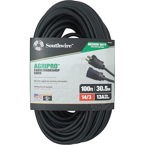 AgriPro Southwire 64816301 14/3 SJTOW 100-Foot Medium-Duty 13 Amp Farm/Workshop Extension Cord; Made in The USA; 100-Feet; UL Listed; Black