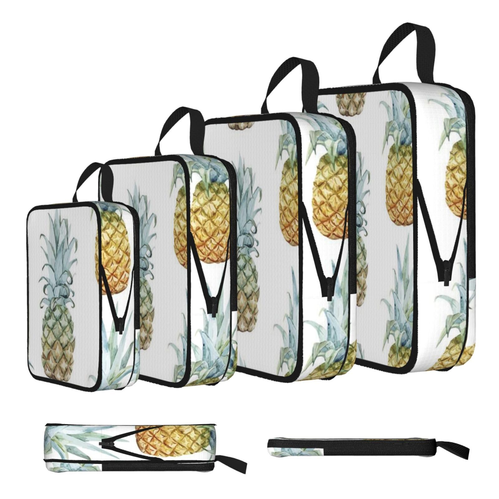 Fashion Pineapples Print Compression Packing Cubes 4-Piece Set With Multi- Compartment Travel Bag, Waterproof Suitcase Organiser Bags