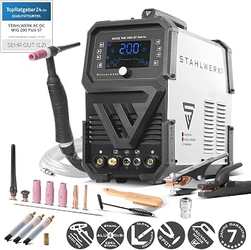 STAHLWERK Inert Gas Welder 3-in-1 Combination AC/DC TIG 200 ST Digital - TIG & MMA (E-Hand/ARC) up to 200 A Clean Mode for Electrochemical Cleaning of Stainless Steel Welds RF Ignition Spot