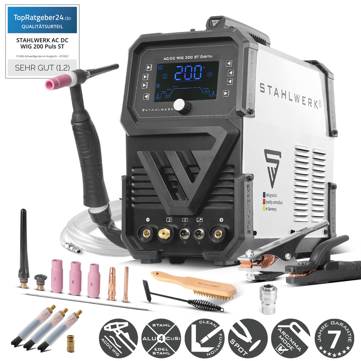 STAHLWERK Schutzgasschweißgerät 3-in-1 Kombi AC/DC WIG 200 ST Digital – WIG & MMA (E-Hand/ARC) bis 200 A, Clean-Modus zur elektrochemischen Reinigung von Edelstahlschweißnähten, HF-Zündung, Spot